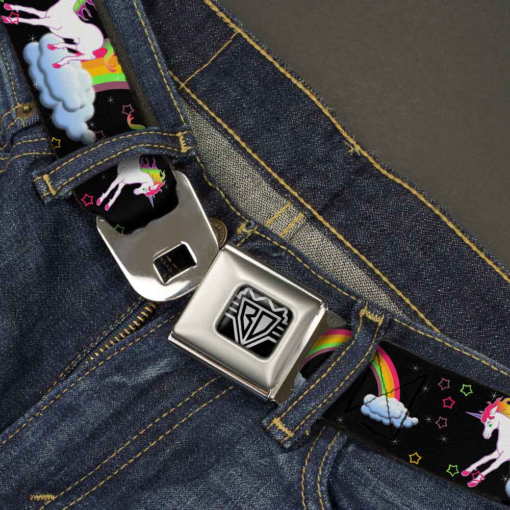 BD Wings Logo CLOSE-UP Full Color Black Silver Seatbelt Belt - Unicorns/Rainbows/Stars Black Webbing Seatbelt Belts Buckle-Down