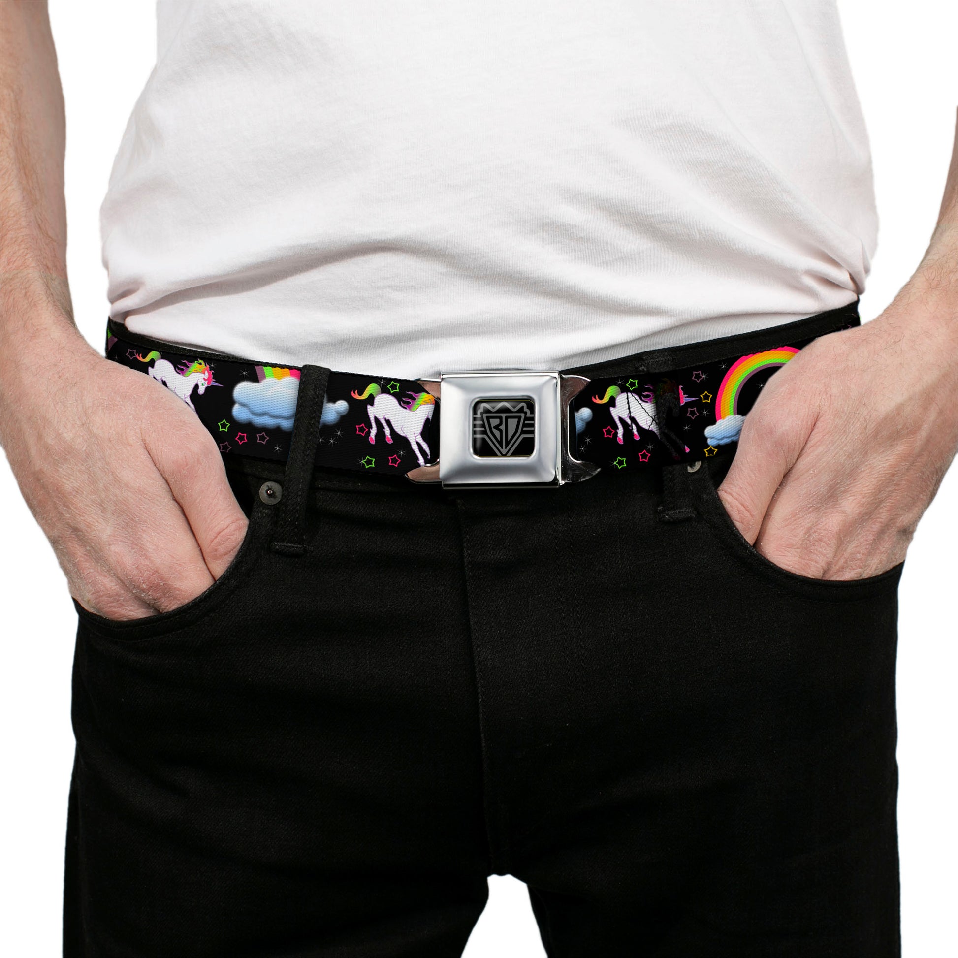 BD Wings Logo CLOSE-UP Full Color Black Silver Seatbelt Belt - Unicorns/Rainbows/Stars Black Webbing Seatbelt Belts Buckle-Down