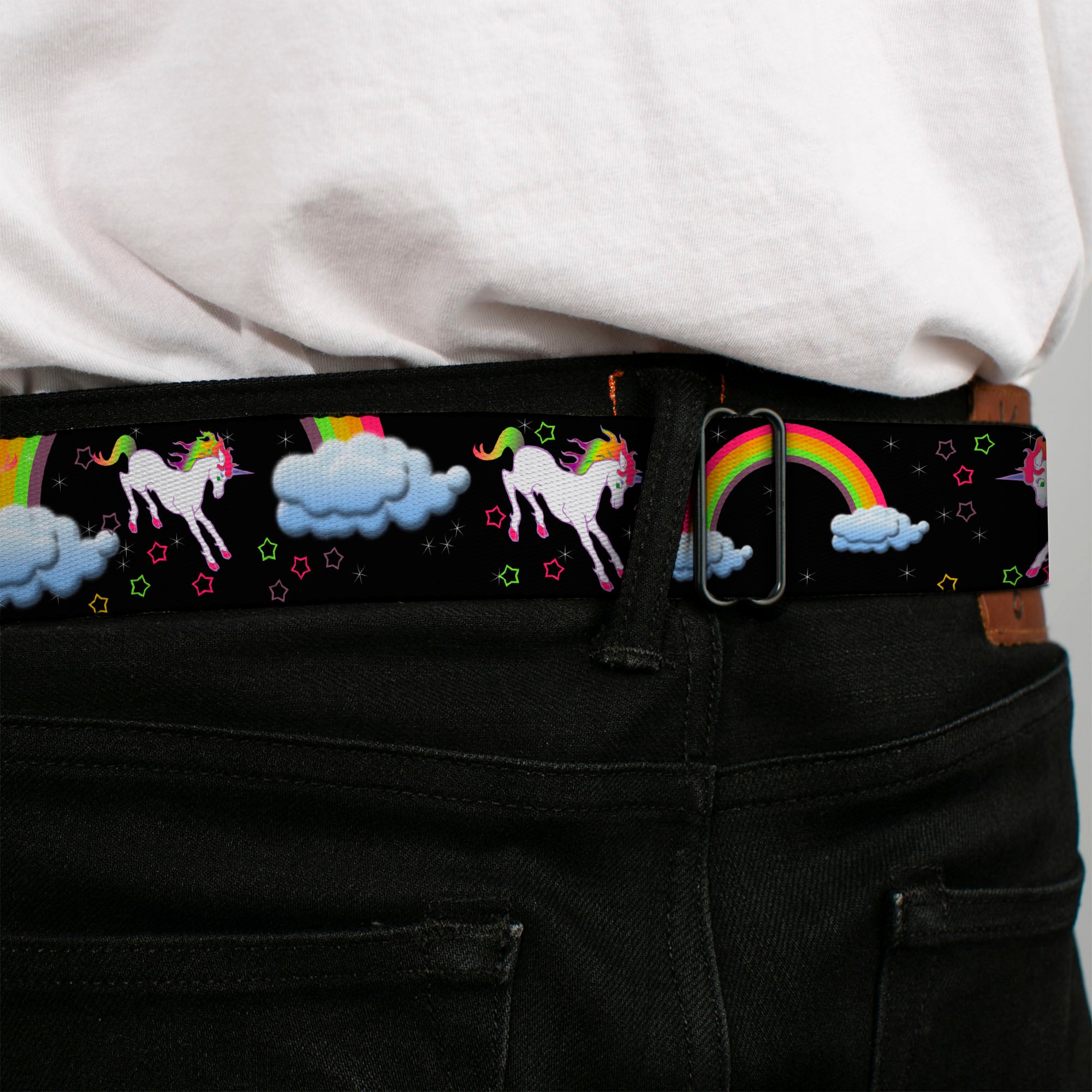 BD Wings Logo CLOSE-UP Full Color Black Silver Seatbelt Belt - Unicorns/Rainbows/Stars Black Webbing Seatbelt Belts Buckle-Down