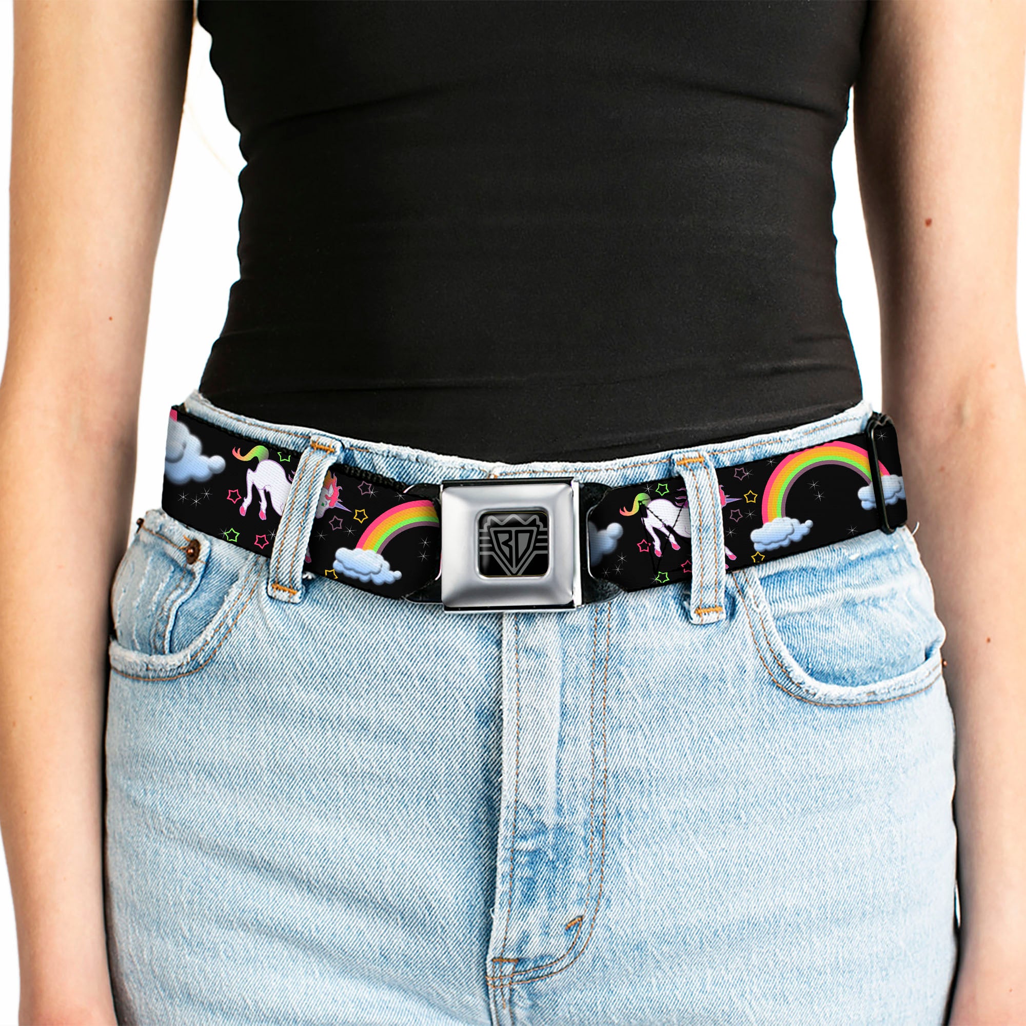 BD Wings Logo CLOSE-UP Full Color Black Silver Seatbelt Belt - Unicorns/Rainbows/Stars Black Webbing Seatbelt Belts Buckle-Down