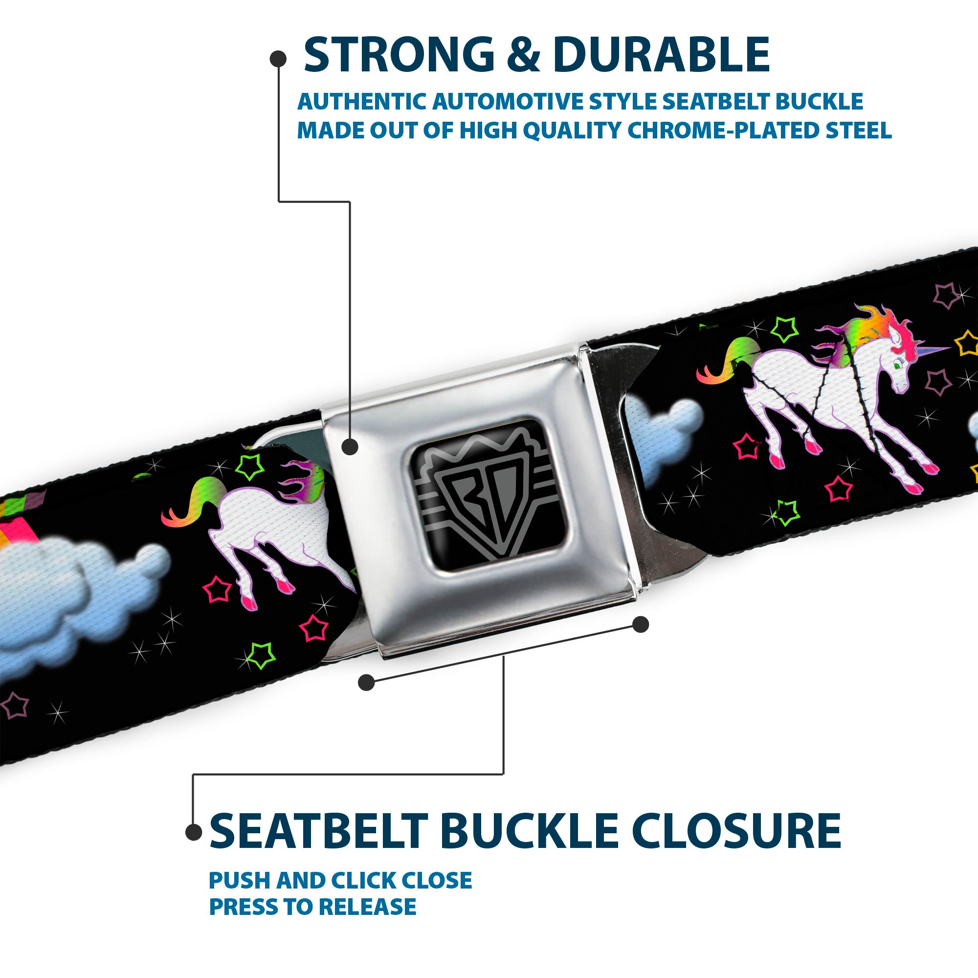 BD Wings Logo CLOSE-UP Full Color Black Silver Seatbelt Belt - Unicorns/Rainbows/Stars Black Webbing Seatbelt Belts Buckle-Down