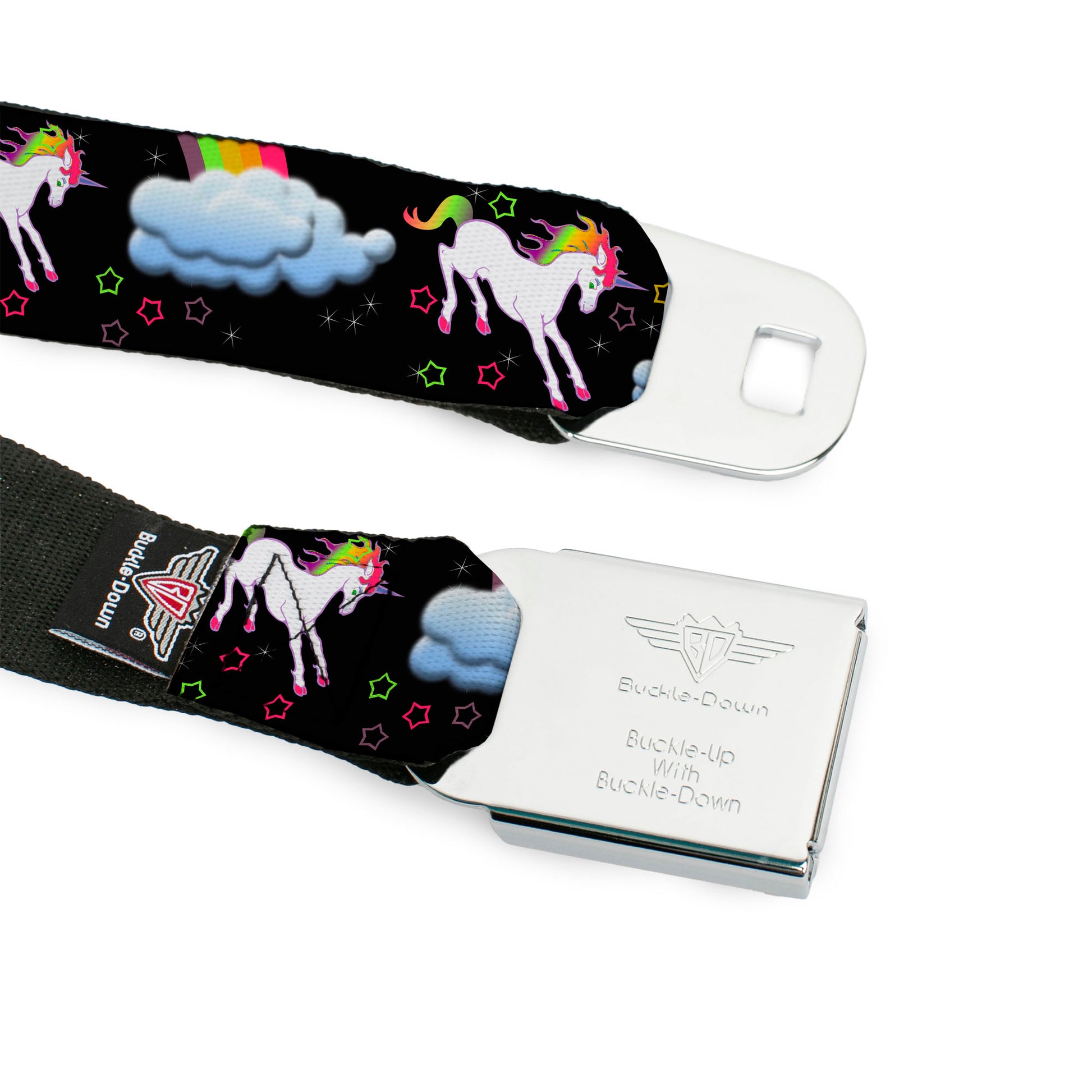 BD Wings Logo CLOSE-UP Full Color Black Silver Seatbelt Belt - Unicorns/Rainbows/Stars Black Webbing Seatbelt Belts Buckle-Down