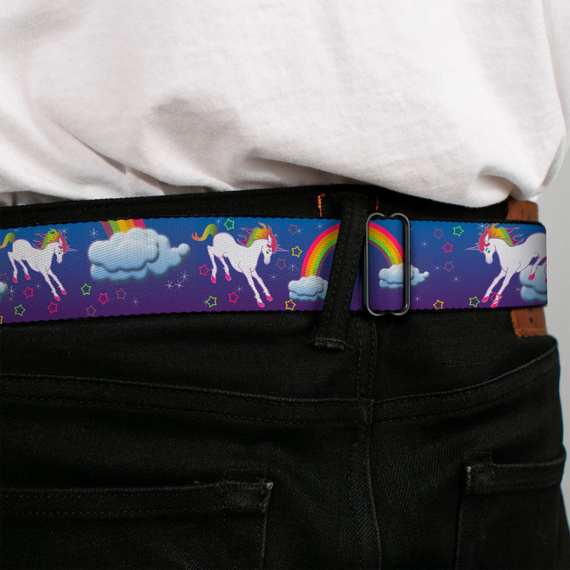 BD Wings Logo CLOSE-UP Full Color Black Silver Seatbelt Belt - Unicorns/Rainbows/Stars Blue/Purple Webbing Seatbelt Belts Buckle-Down