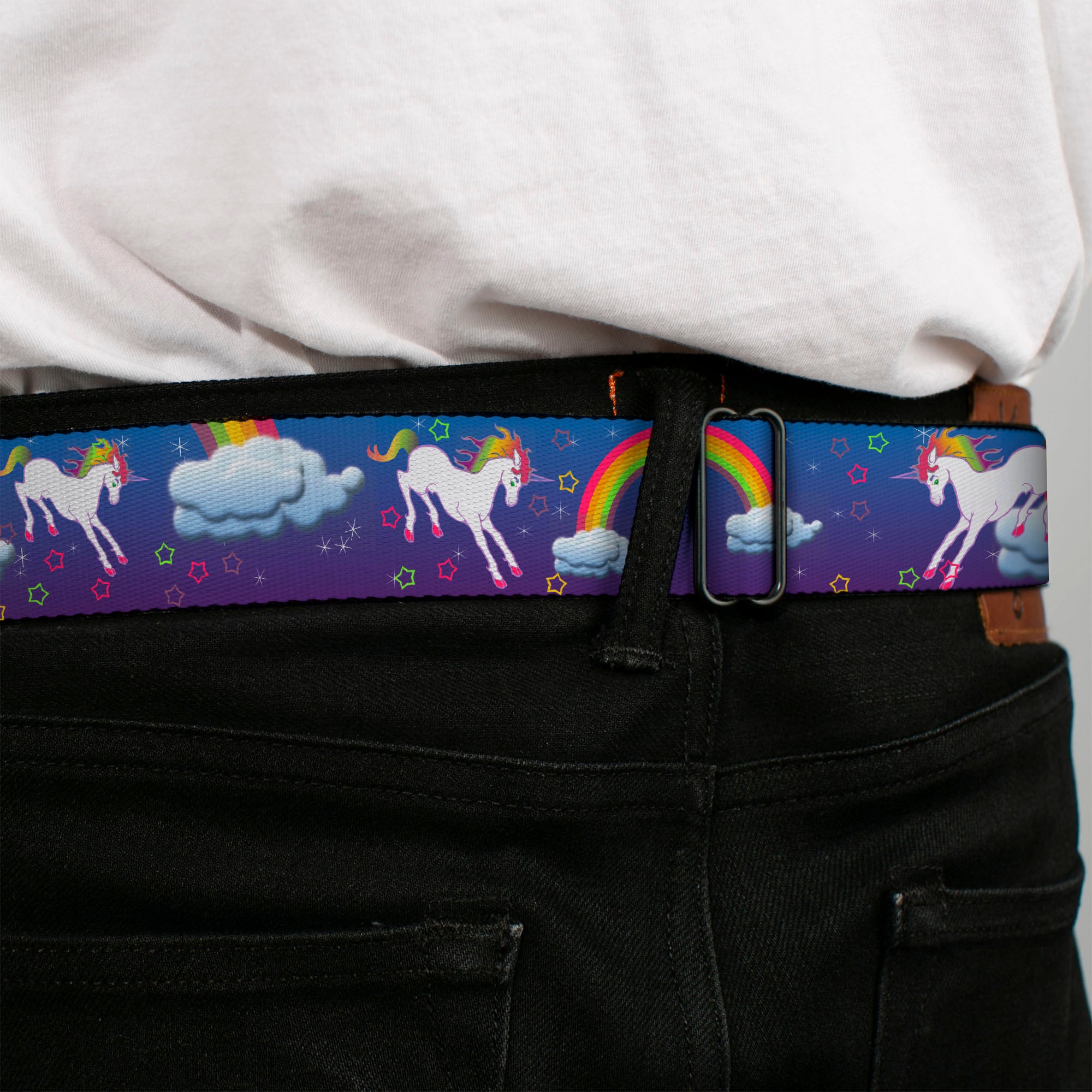 BD Wings Logo CLOSE-UP Full Color Black Silver Seatbelt Belt - Unicorns/Rainbows/Stars Blue/Purple Webbing Seatbelt Belts Buckle-Down