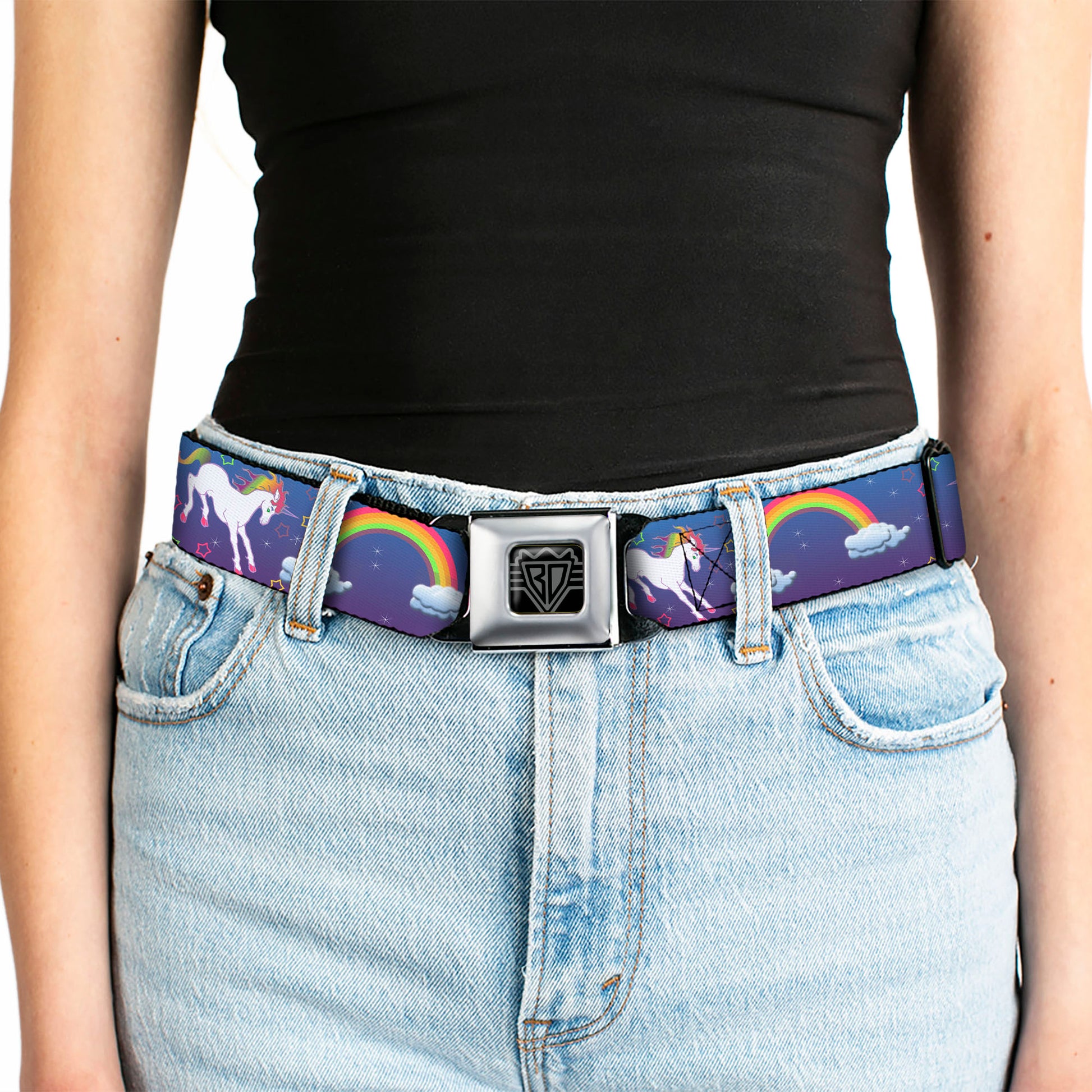 BD Wings Logo CLOSE-UP Full Color Black Silver Seatbelt Belt - Unicorns/Rainbows/Stars Blue/Purple Webbing Seatbelt Belts Buckle-Down