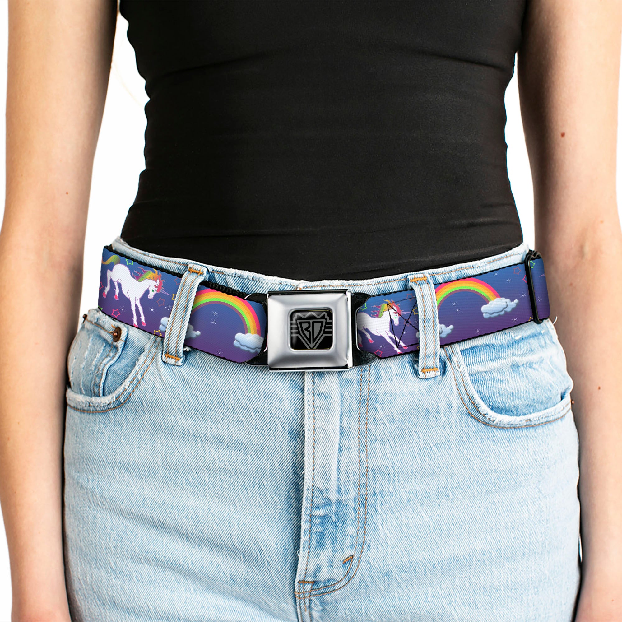 BD Wings Logo CLOSE-UP Full Color Black Silver Seatbelt Belt - Unicorns/Rainbows/Stars Blue/Purple Webbing Seatbelt Belts Buckle-Down