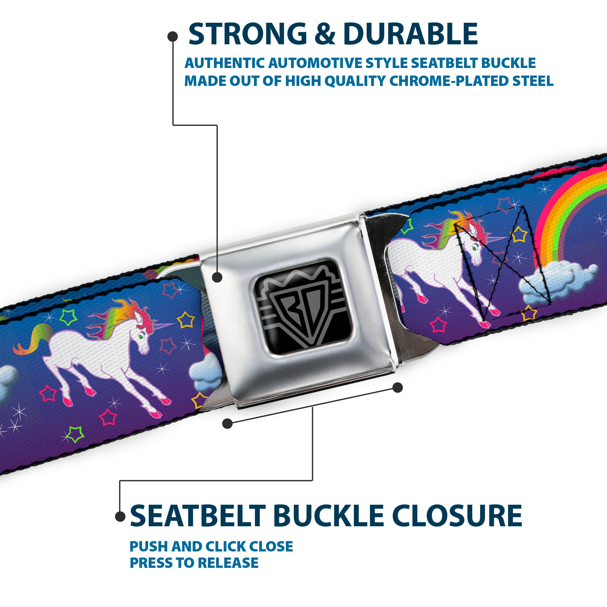 BD Wings Logo CLOSE-UP Full Color Black Silver Seatbelt Belt - Unicorns/Rainbows/Stars Blue/Purple Webbing Seatbelt Belts Buckle-Down