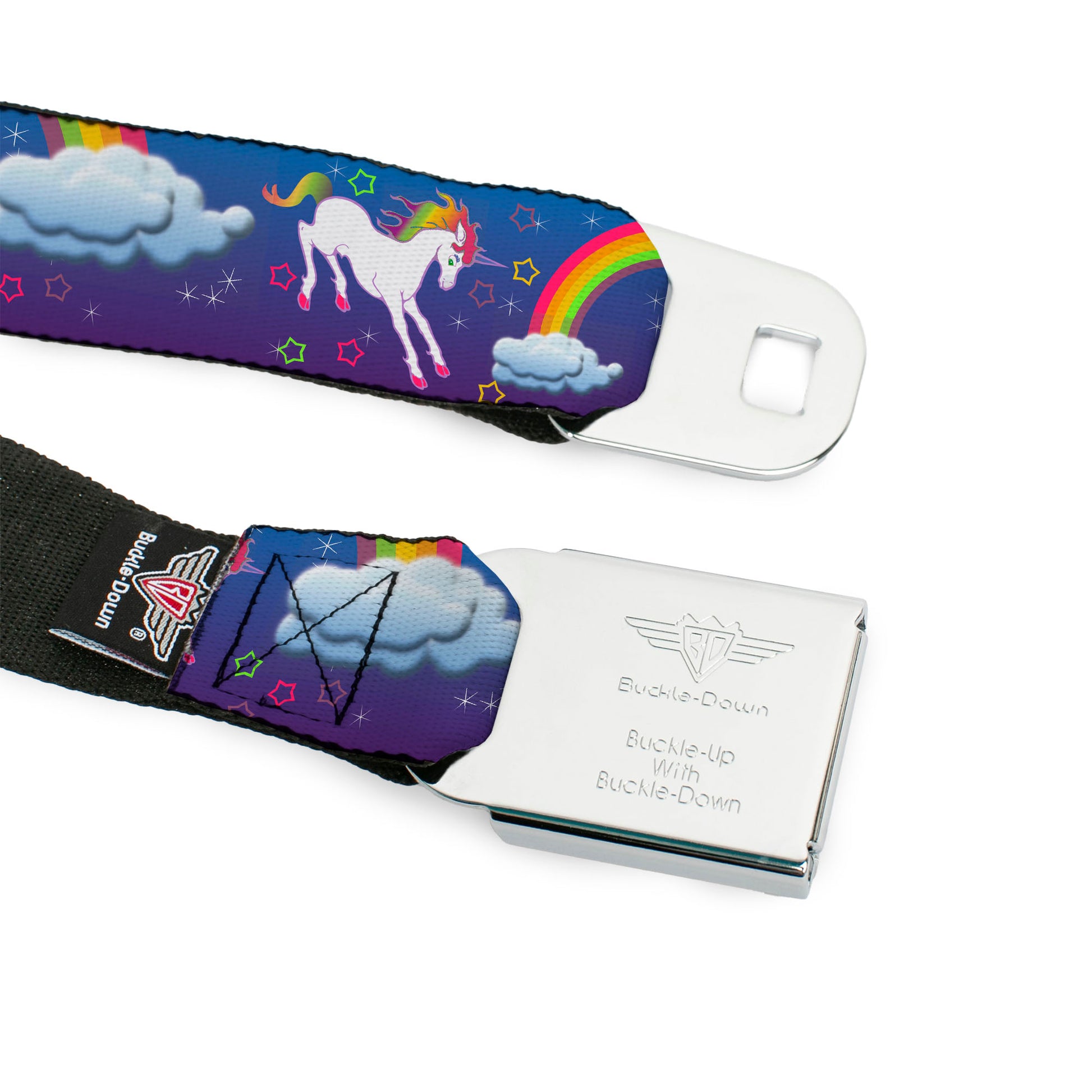 BD Wings Logo CLOSE-UP Full Color Black Silver Seatbelt Belt - Unicorns/Rainbows/Stars Blue/Purple Webbing Seatbelt Belts Buckle-Down