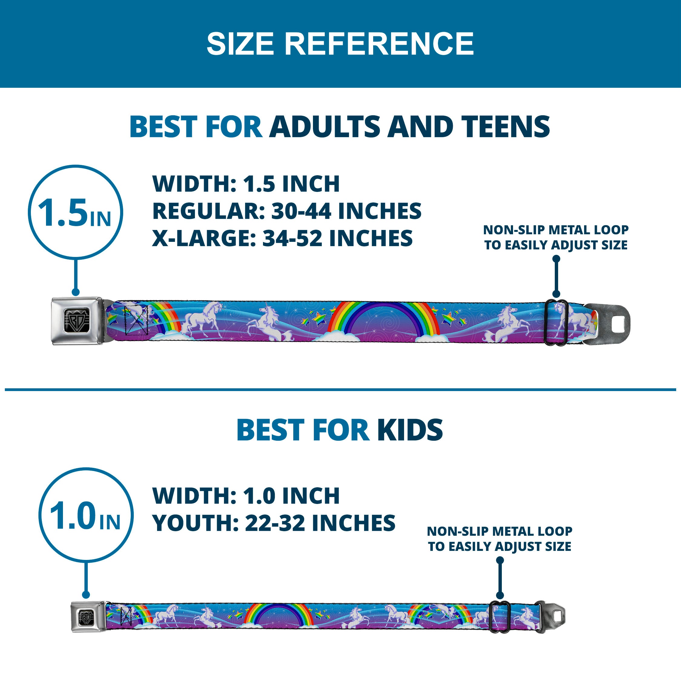 BD Wings Logo CLOSE-UP Full Color Black Silver Seatbelt Belt - Unicorns/Rainbows/Stars Blue/Rainbow/White Webbing Seatbelt Belts Buckle-Down