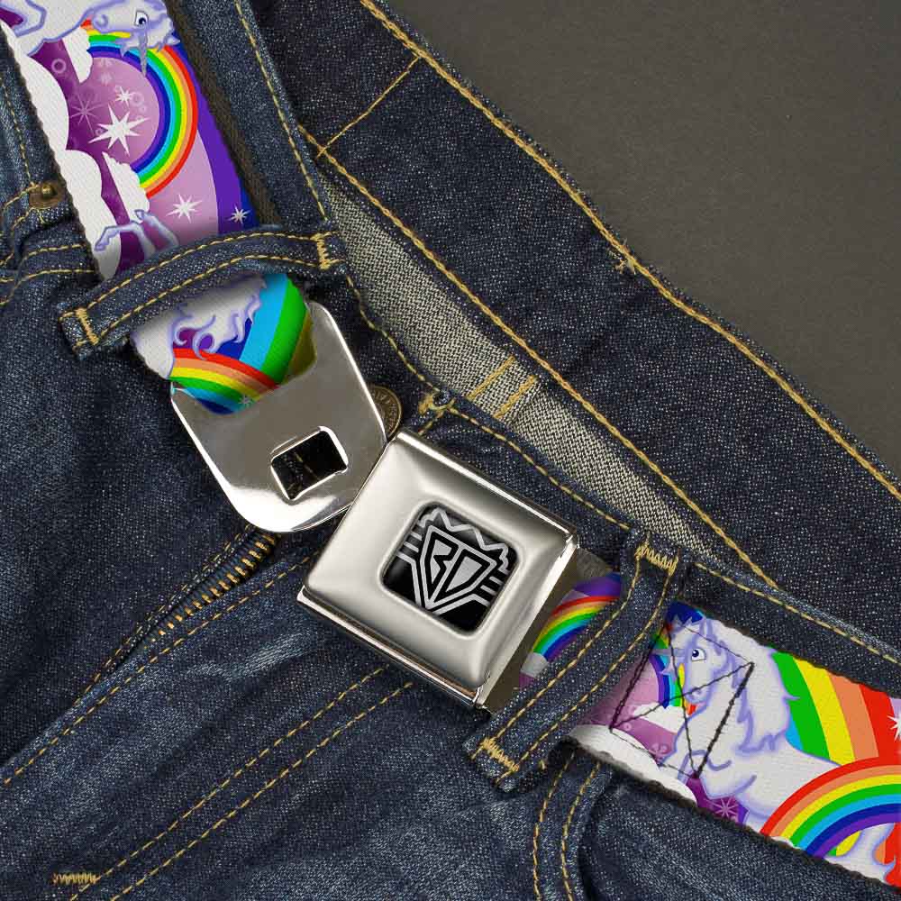 BD Wings Logo CLOSE-UP Full Color Black Silver Seatbelt Belt - Unicorns in Rainbows w/Sparkles/Purple Webbing Seatbelt Belts Buckle-Down