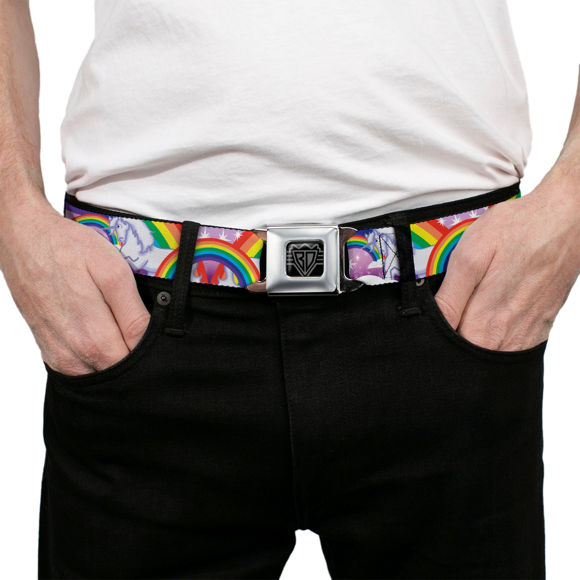 BD Wings Logo CLOSE-UP Full Color Black Silver Seatbelt Belt - Unicorns in Rainbows w/Sparkles/Purple Webbing Seatbelt Belts Buckle-Down