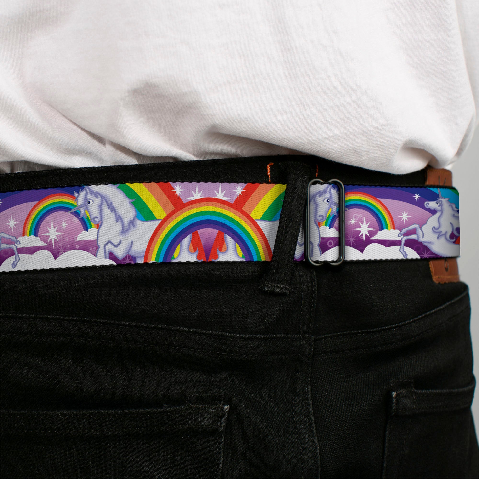 BD Wings Logo CLOSE-UP Full Color Black Silver Seatbelt Belt - Unicorns in Rainbows w/Sparkles/Purple Webbing Seatbelt Belts Buckle-Down