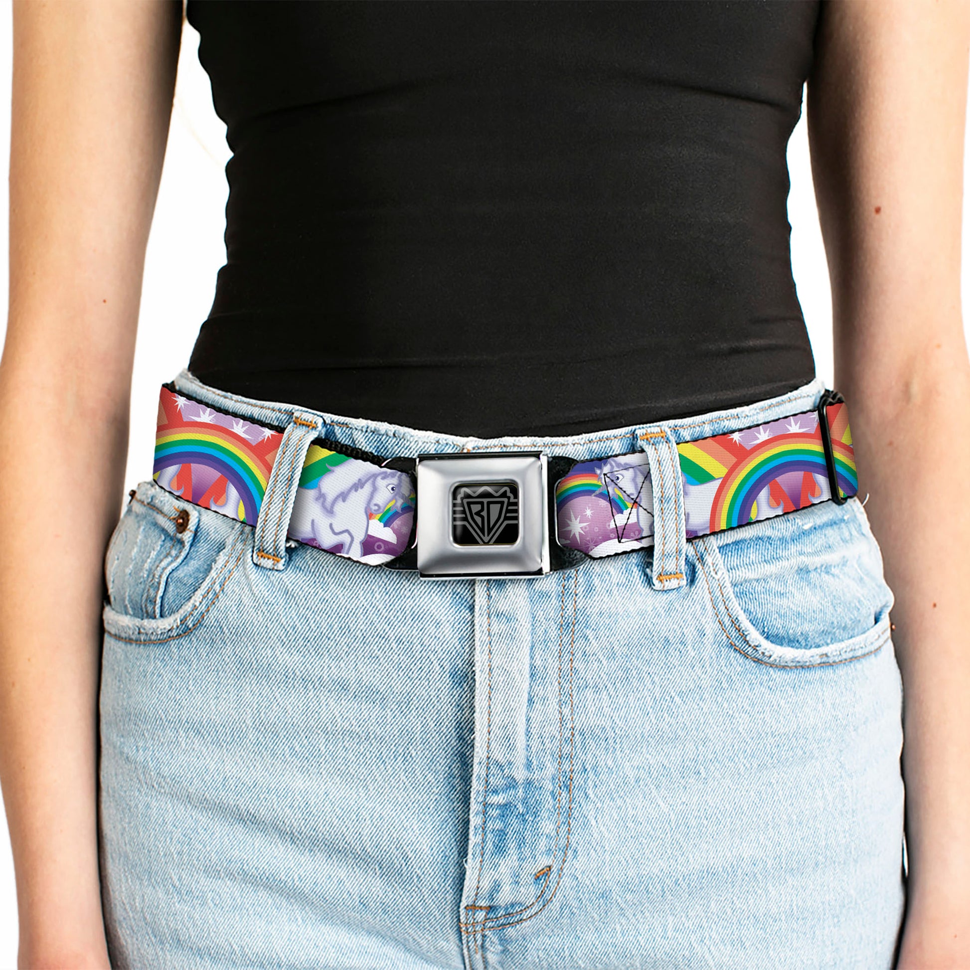 BD Wings Logo CLOSE-UP Full Color Black Silver Seatbelt Belt - Unicorns in Rainbows w/Sparkles/Purple Webbing Seatbelt Belts Buckle-Down