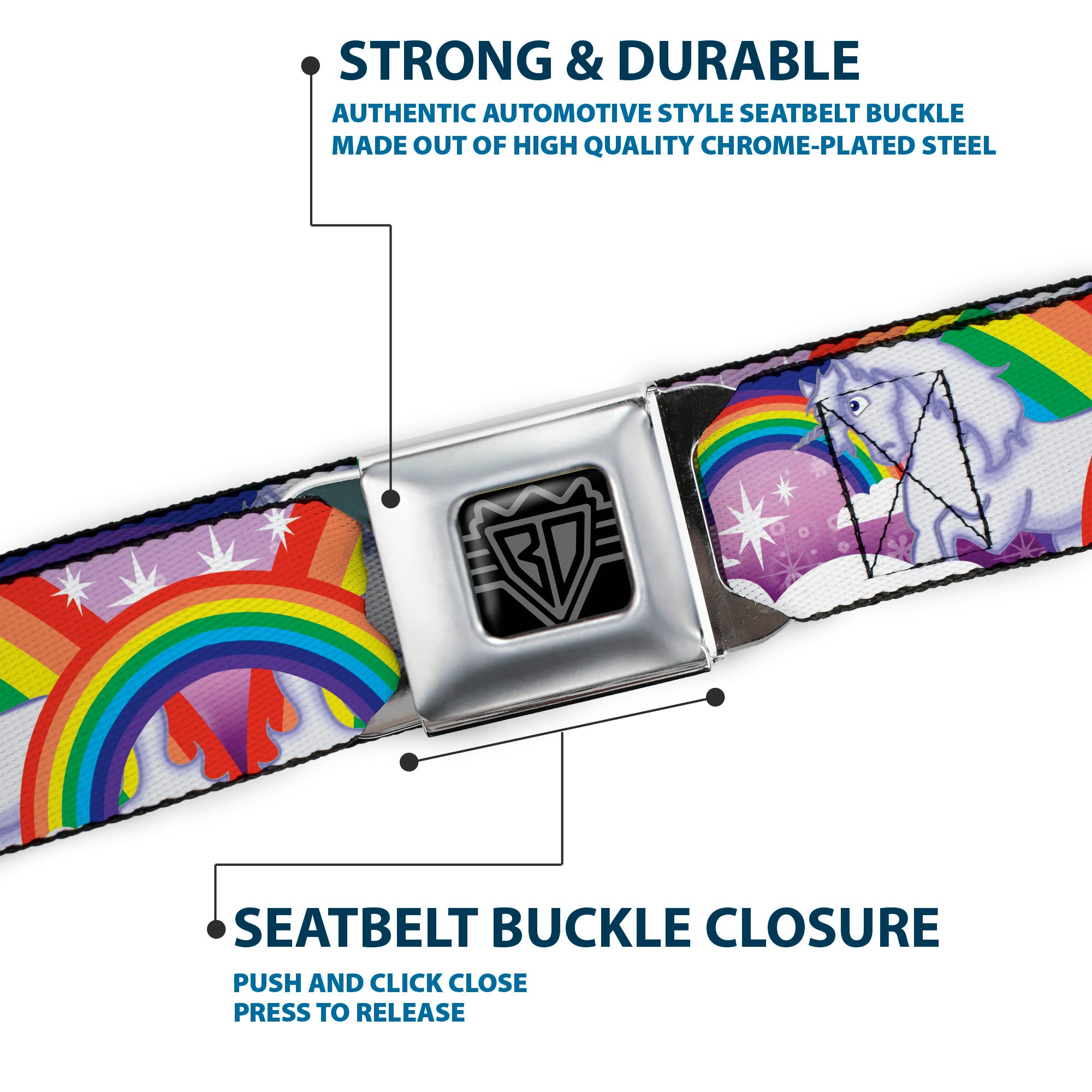 BD Wings Logo CLOSE-UP Full Color Black Silver Seatbelt Belt - Unicorns in Rainbows w/Sparkles/Purple Webbing Seatbelt Belts Buckle-Down