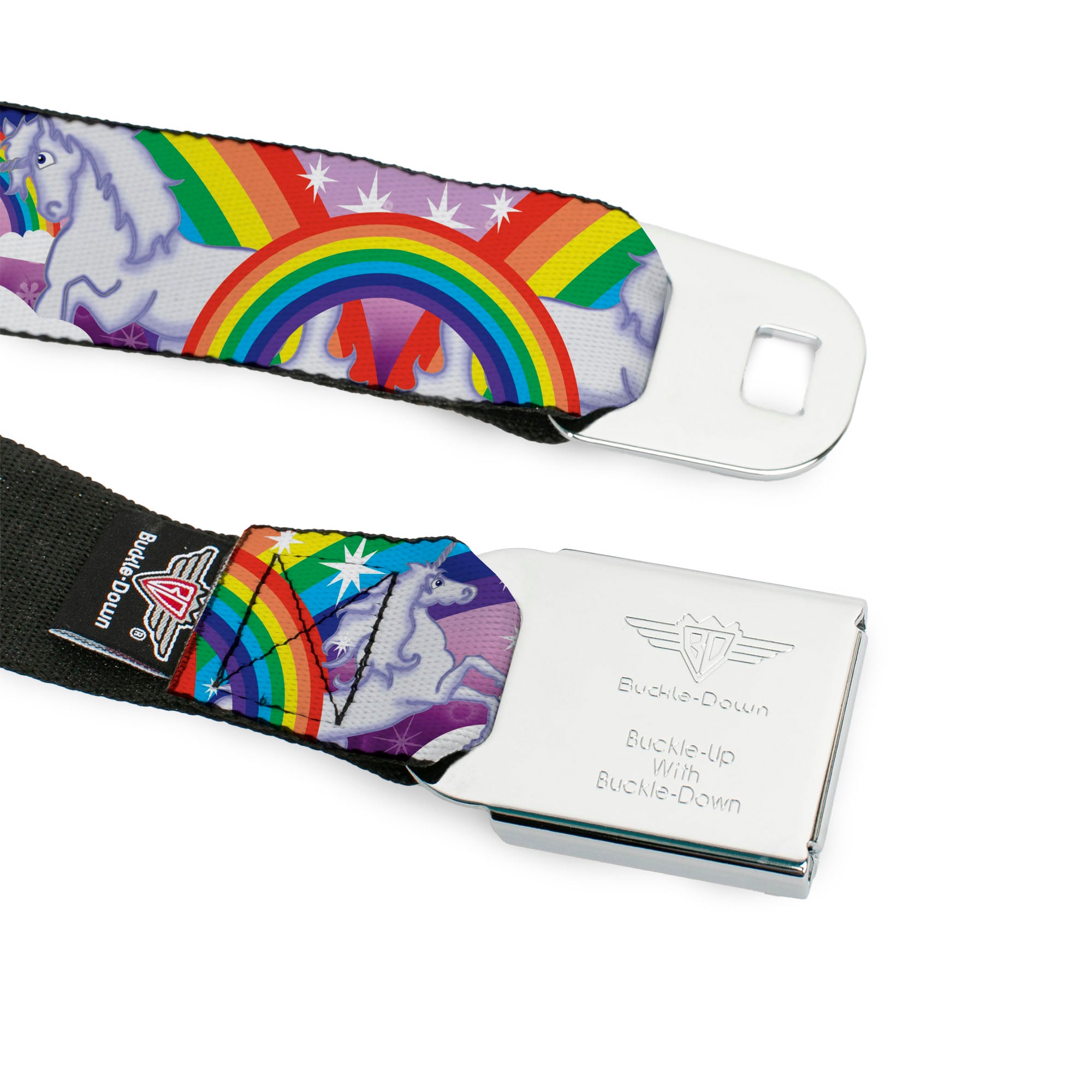 BD Wings Logo CLOSE-UP Full Color Black Silver Seatbelt Belt - Unicorns in Rainbows w/Sparkles/Purple Webbing Seatbelt Belts Buckle-Down