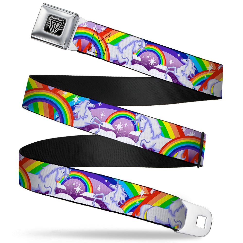 BD Wings Logo CLOSE-UP Full Color Black Silver Seatbelt Belt - Unicorns in Rainbows w/Sparkles/Purple Webbing Seatbelt Belts Buckle-Down