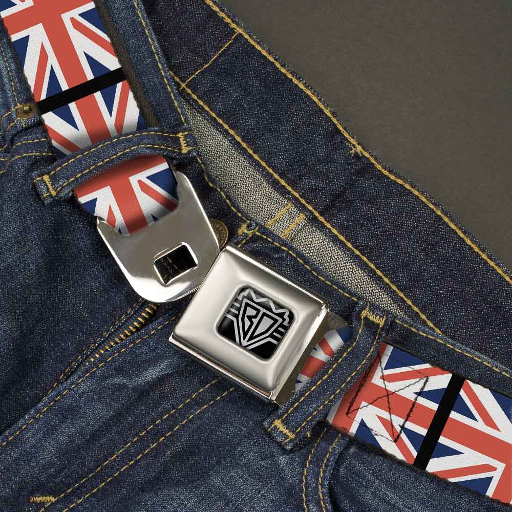 BD Wings Logo CLOSE-UP Full Color Black Silver Seatbelt Belt - United Kingdom Flags Webbing Seatbelt Belts Buckle-Down