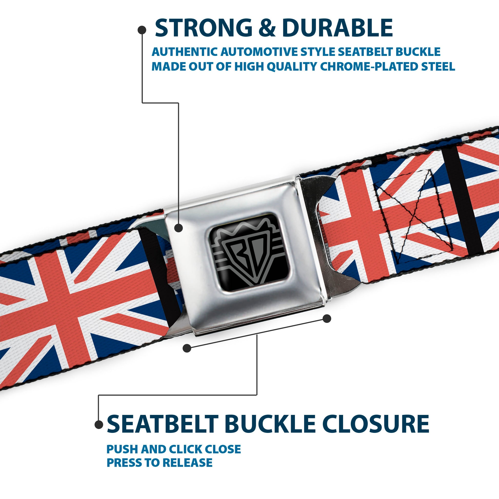 BD Wings Logo CLOSE-UP Full Color Black Silver Seatbelt Belt - United Kingdom Flags Webbing Seatbelt Belts Buckle-Down
