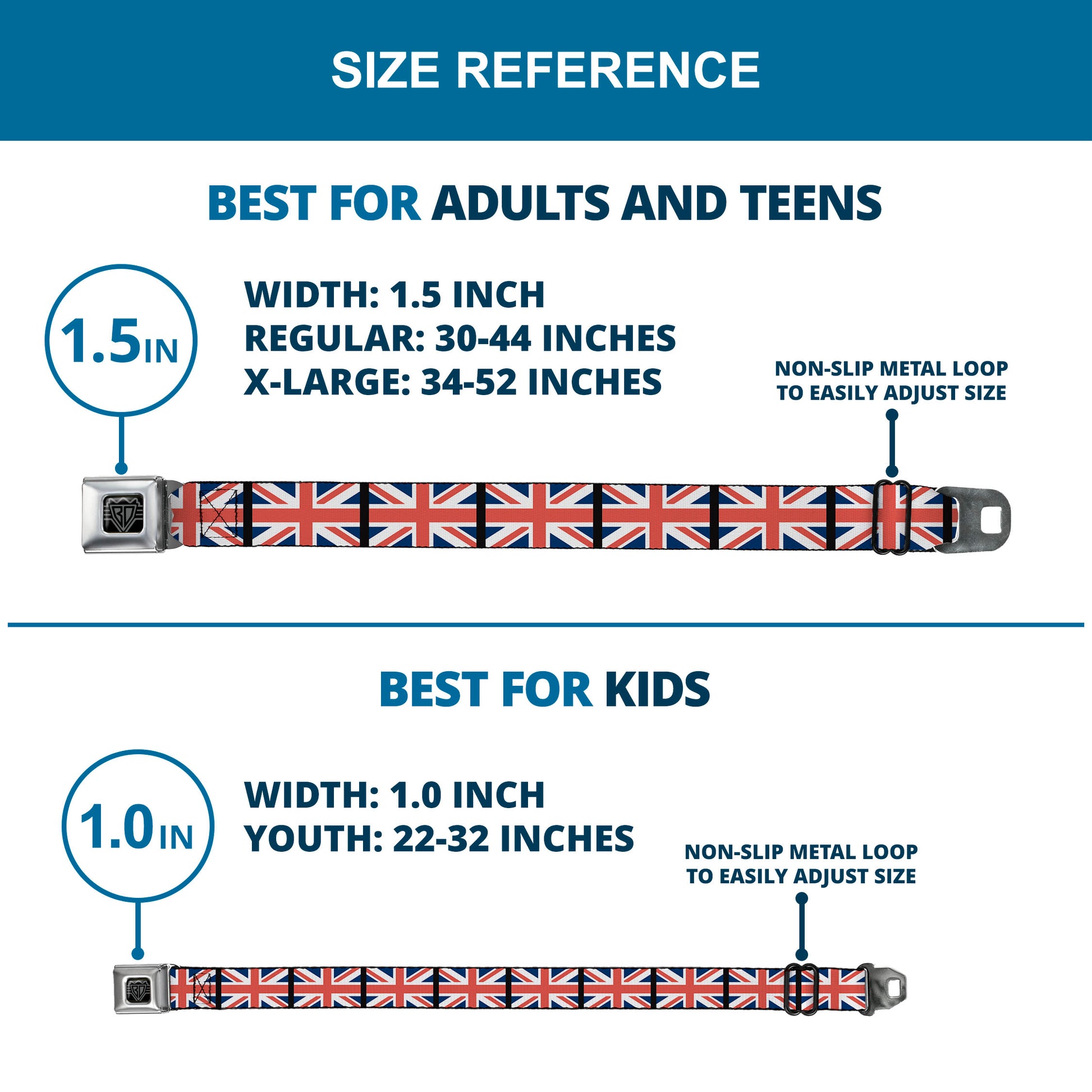 BD Wings Logo CLOSE-UP Full Color Black Silver Seatbelt Belt - United Kingdom Flags Webbing Seatbelt Belts Buckle-Down