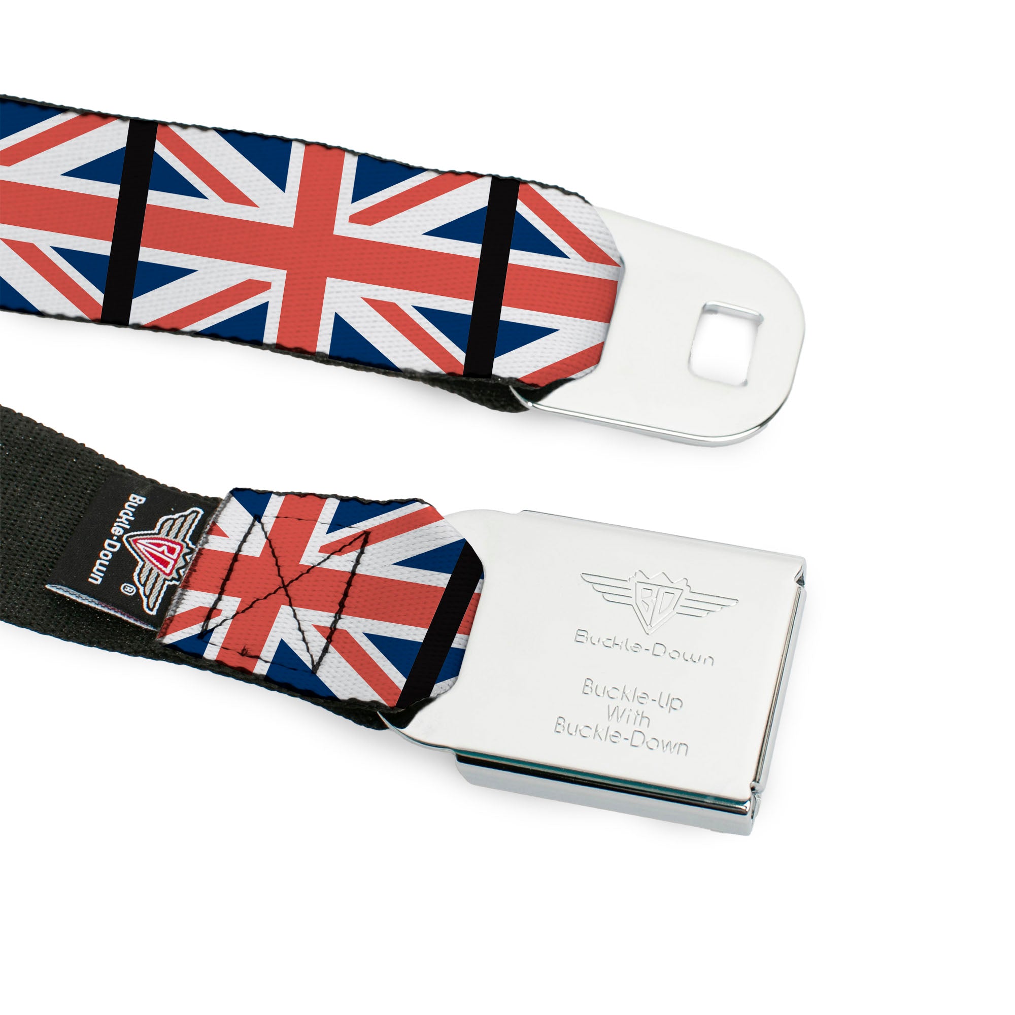 BD Wings Logo CLOSE-UP Full Color Black Silver Seatbelt Belt - United Kingdom Flags Webbing Seatbelt Belts Buckle-Down