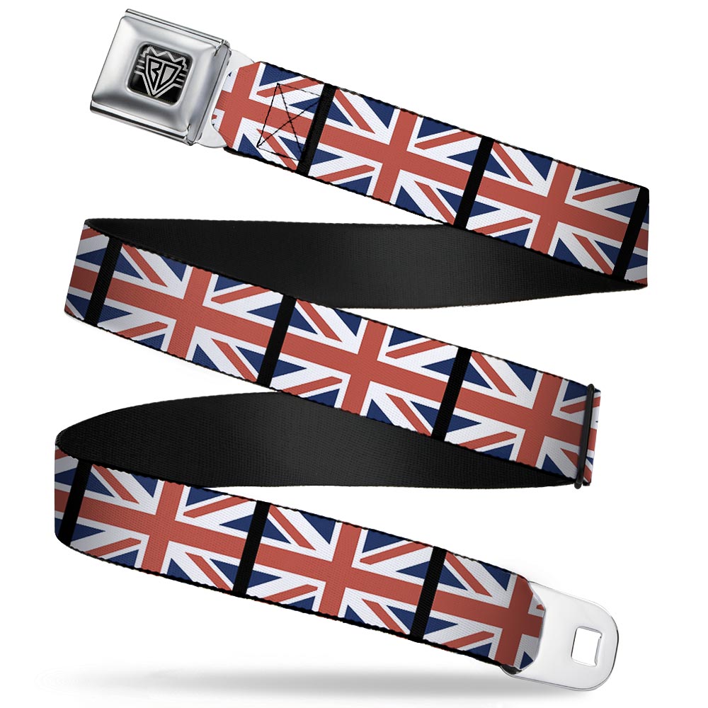 BD Wings Logo CLOSE-UP Full Color Black Silver Seatbelt Belt - United Kingdom Flags Webbing Seatbelt Belts Buckle-Down