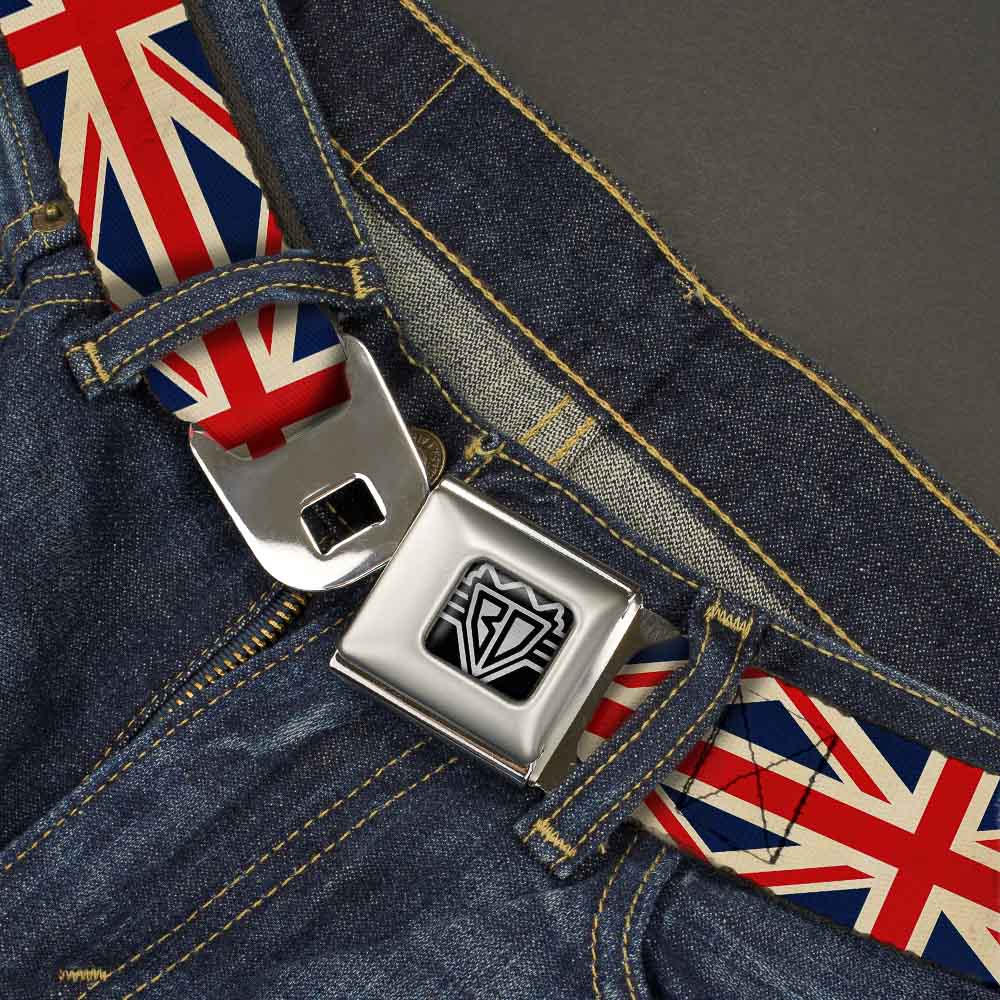 BD Wings Logo CLOSE-UP Full Color Black Silver Seatbelt Belt - Vintage United Kingdom Flags Webbing Seatbelt Belts Buckle-Down