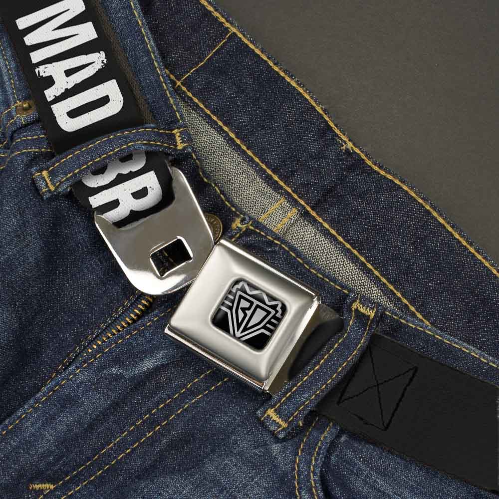 BD Wings Logo CLOSE-UP Full Color Black Silver Seatbelt Belt - U MAD BRO? Weathered Black/White Webbing Seatbelt Belts Buckle-Down