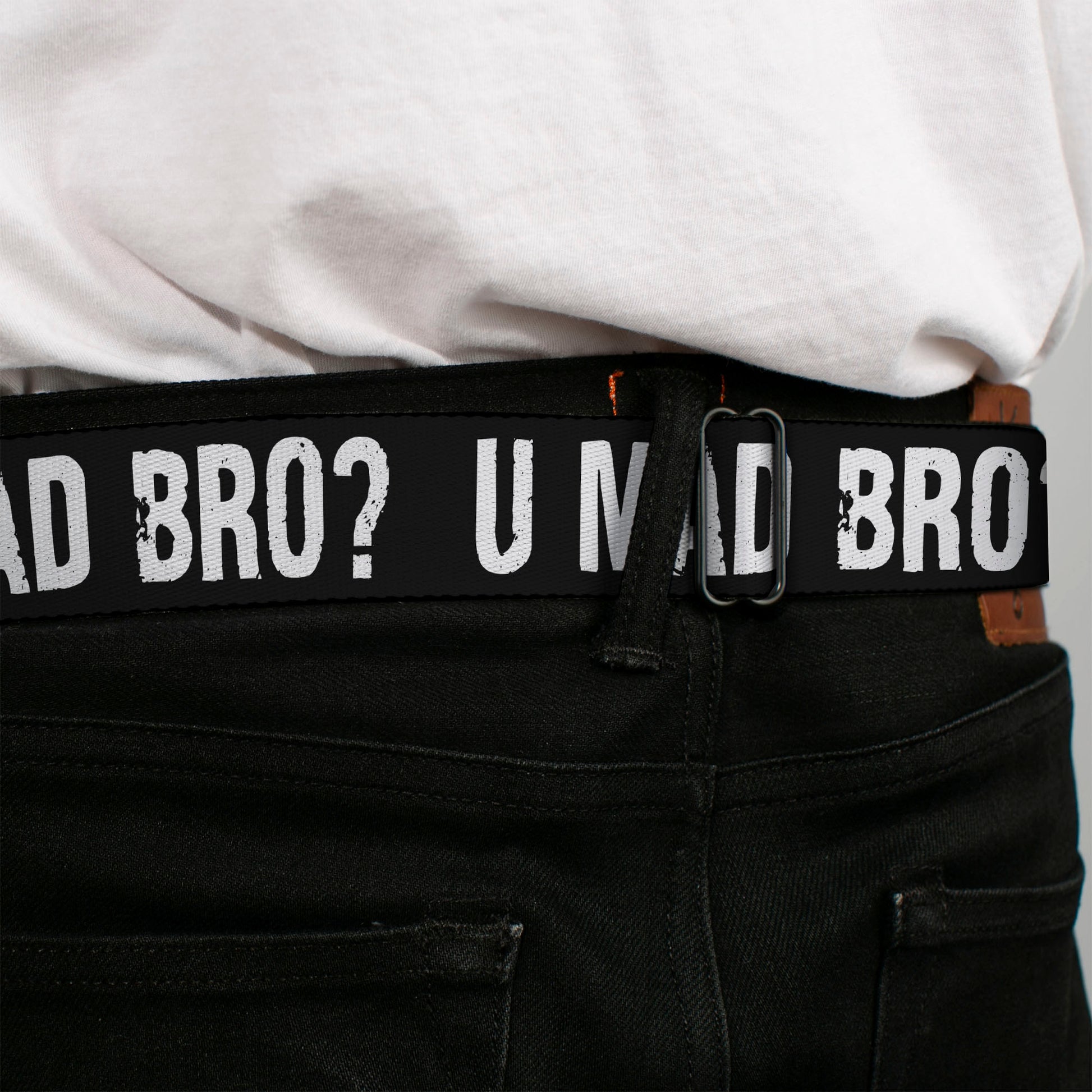 BD Wings Logo CLOSE-UP Full Color Black Silver Seatbelt Belt - U MAD BRO? Weathered Black/White Webbing Seatbelt Belts Buckle-Down