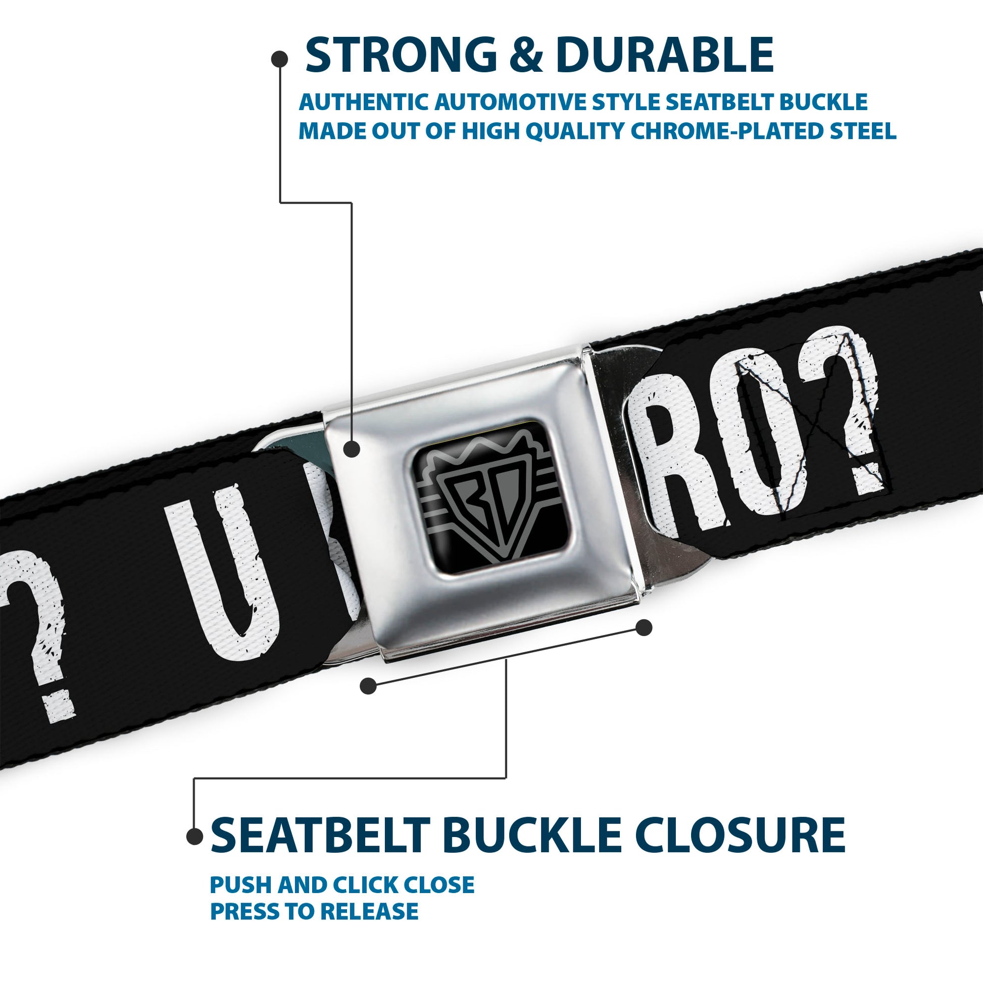 BD Wings Logo CLOSE-UP Full Color Black Silver Seatbelt Belt - U MAD BRO? Weathered Black/White Webbing Seatbelt Belts Buckle-Down