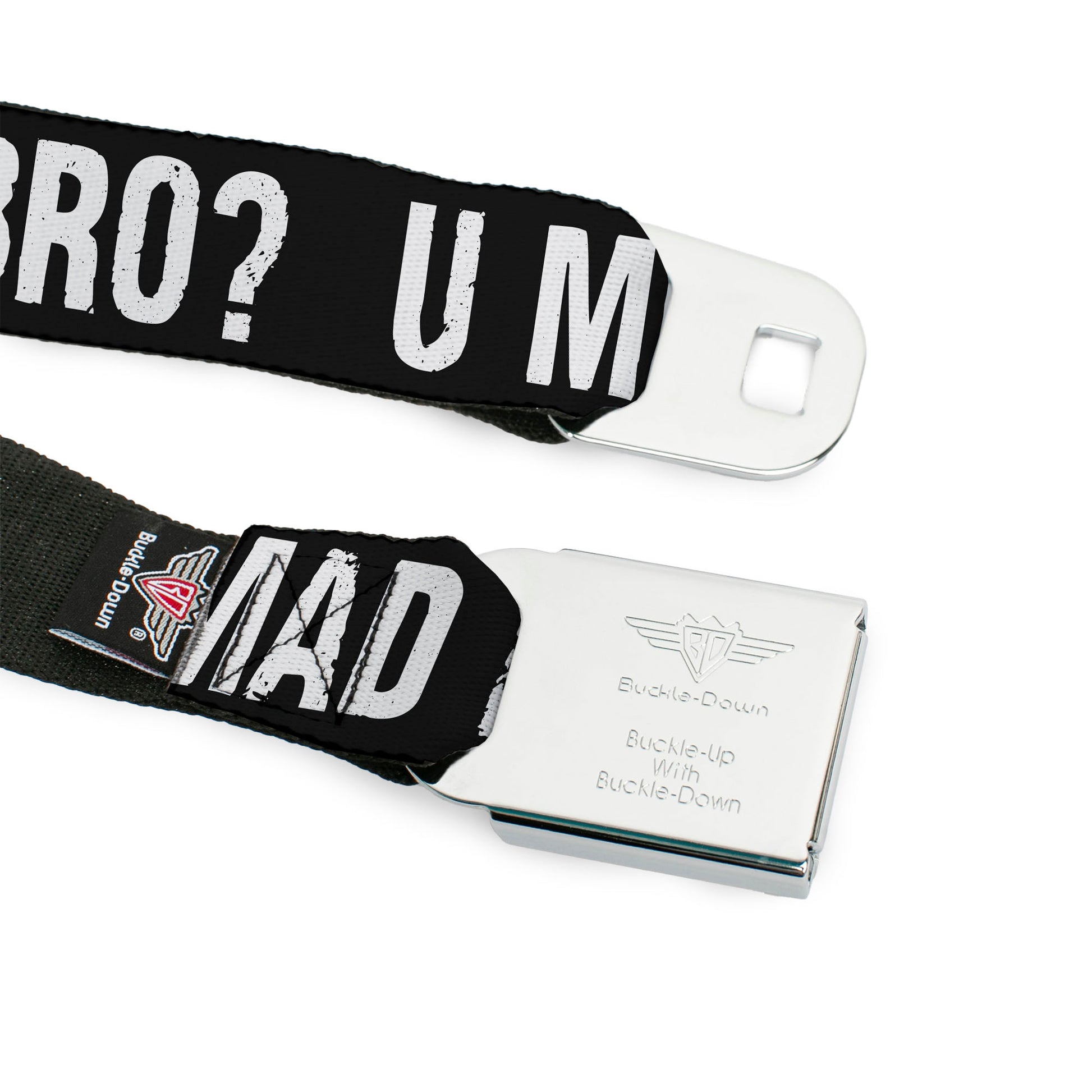 BD Wings Logo CLOSE-UP Full Color Black Silver Seatbelt Belt - U MAD BRO? Weathered Black/White Webbing Seatbelt Belts Buckle-Down