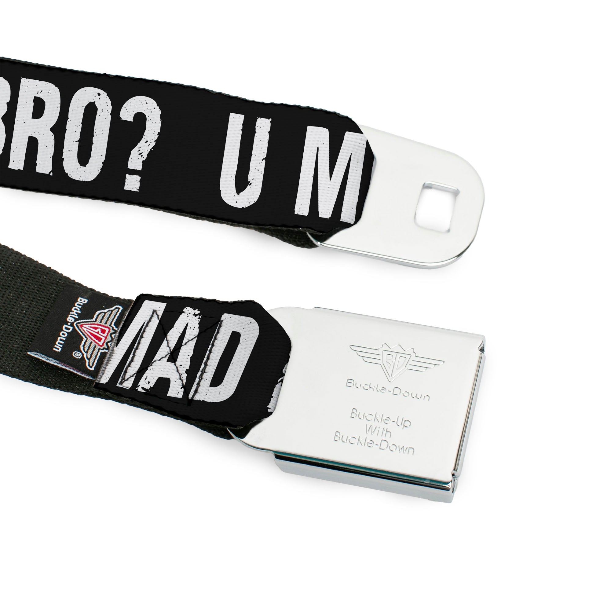 BD Wings Logo CLOSE-UP Full Color Black Silver Seatbelt Belt - U MAD BRO? Weathered Black/White Webbing Seatbelt Belts Buckle-Down
