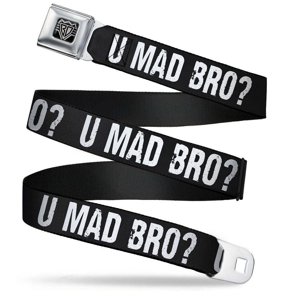 BD Wings Logo CLOSE-UP Full Color Black Silver Seatbelt Belt - U MAD BRO? Weathered Black/White Webbing Seatbelt Belts Buckle-Down