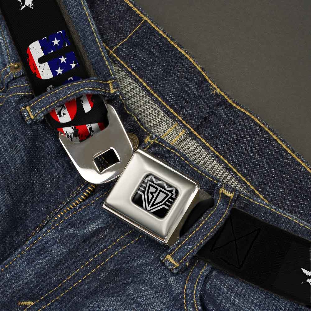 BD Wings Logo CLOSE-UP Full Color Black Silver Seatbelt Belt - USA w/Star Black/US Flags Webbing Seatbelt Belts Buckle-Down