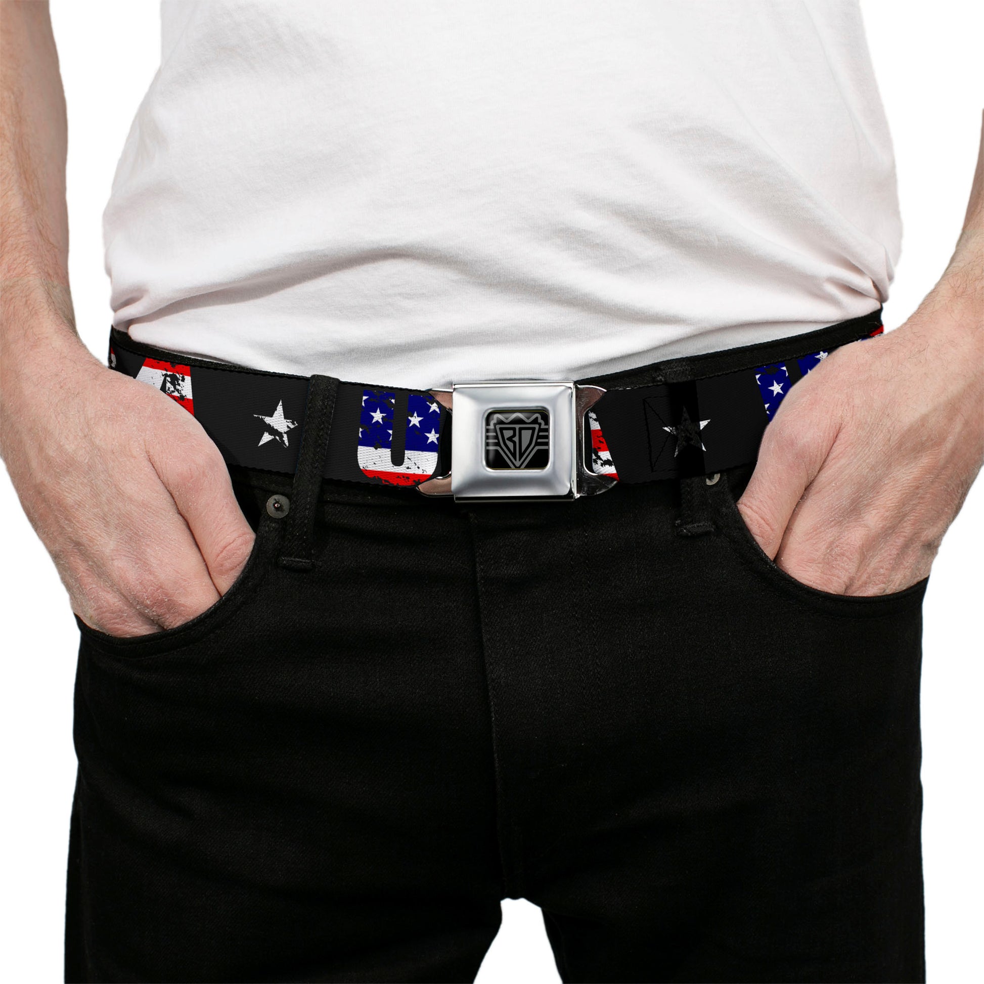 BD Wings Logo CLOSE-UP Full Color Black Silver Seatbelt Belt - USA w/Star Black/US Flags Webbing Seatbelt Belts Buckle-Down