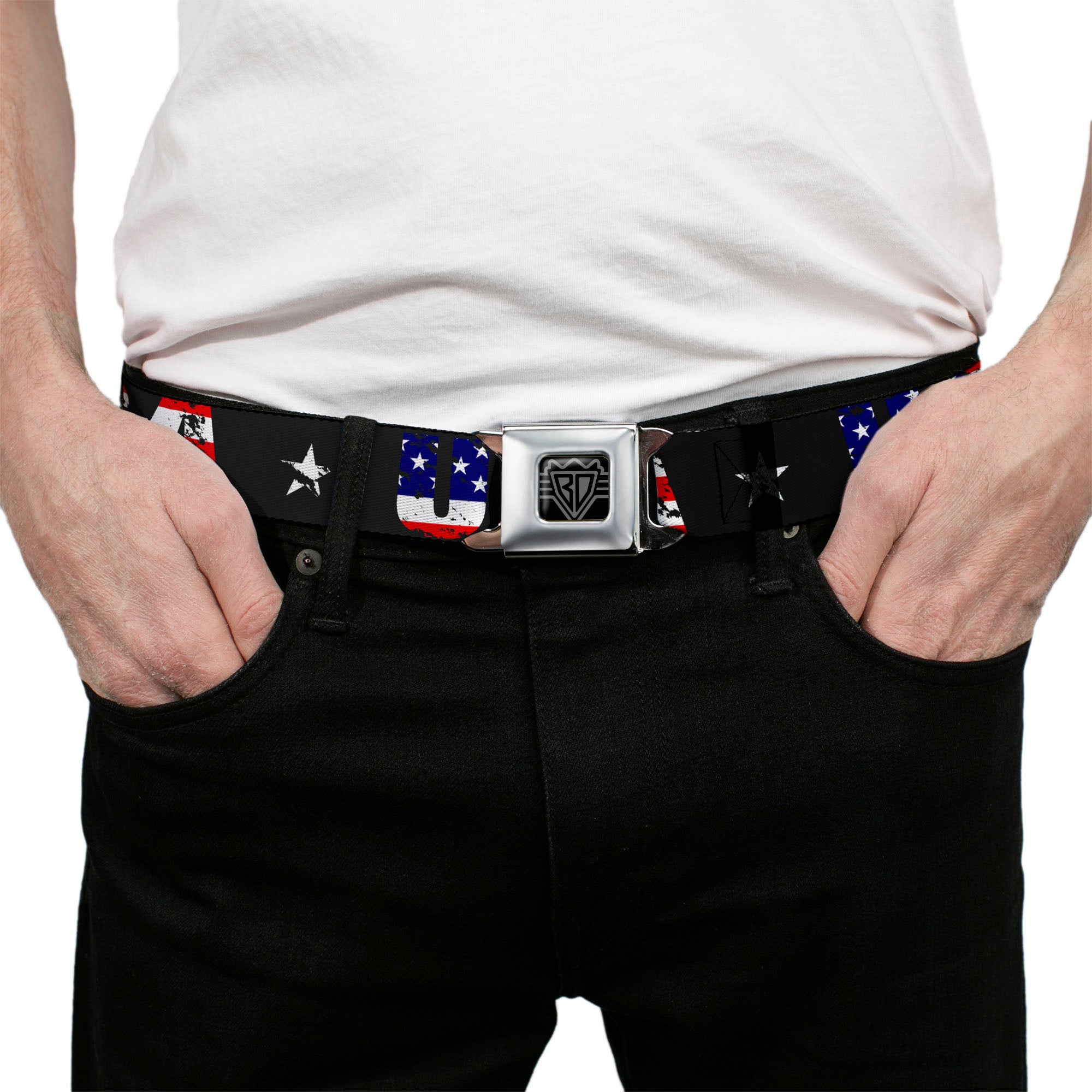 BD Wings Logo CLOSE-UP Full Color Black Silver Seatbelt Belt - USA w/Star Black/US Flags Webbing Seatbelt Belts Buckle-Down