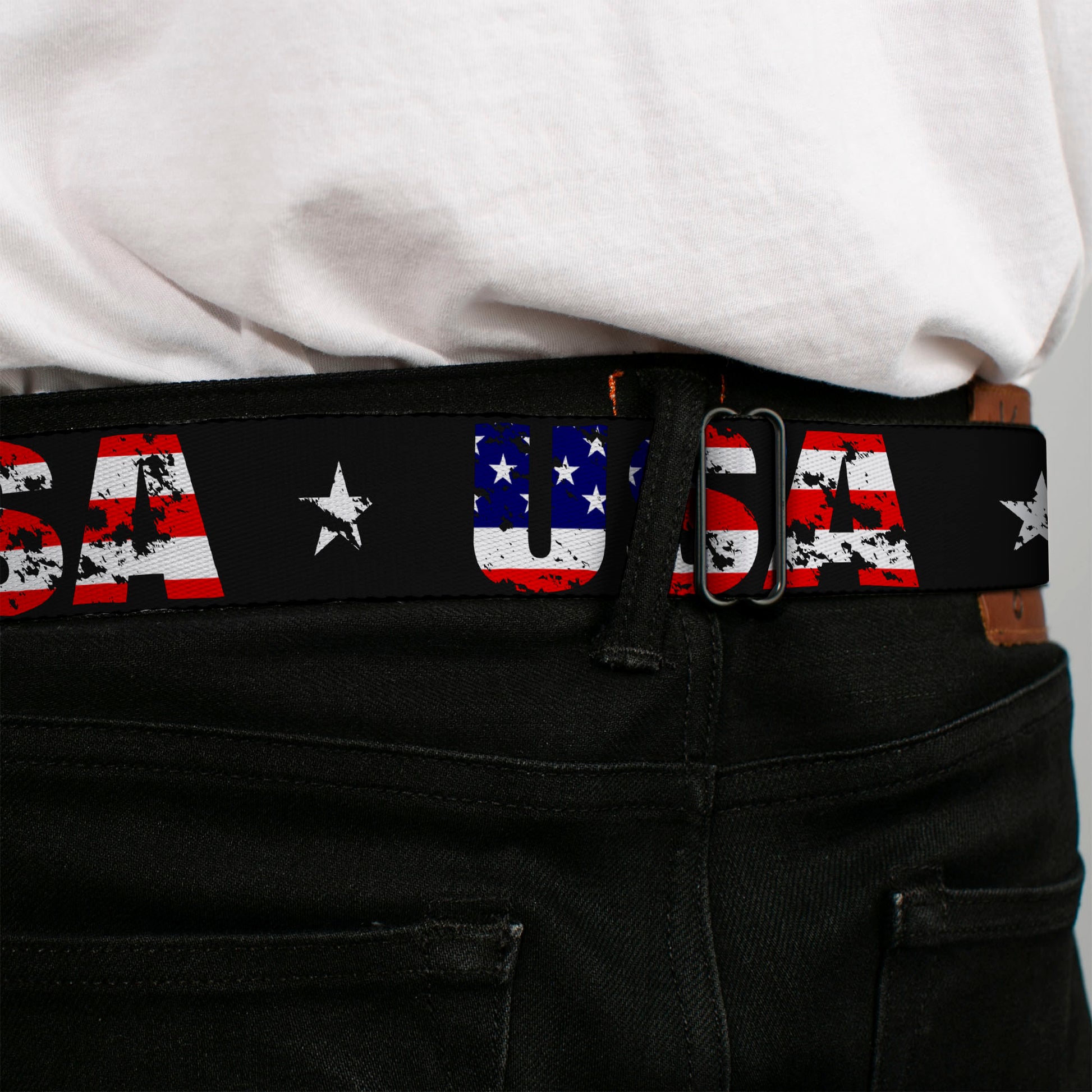 BD Wings Logo CLOSE-UP Full Color Black Silver Seatbelt Belt - USA w/Star Black/US Flags Webbing Seatbelt Belts Buckle-Down