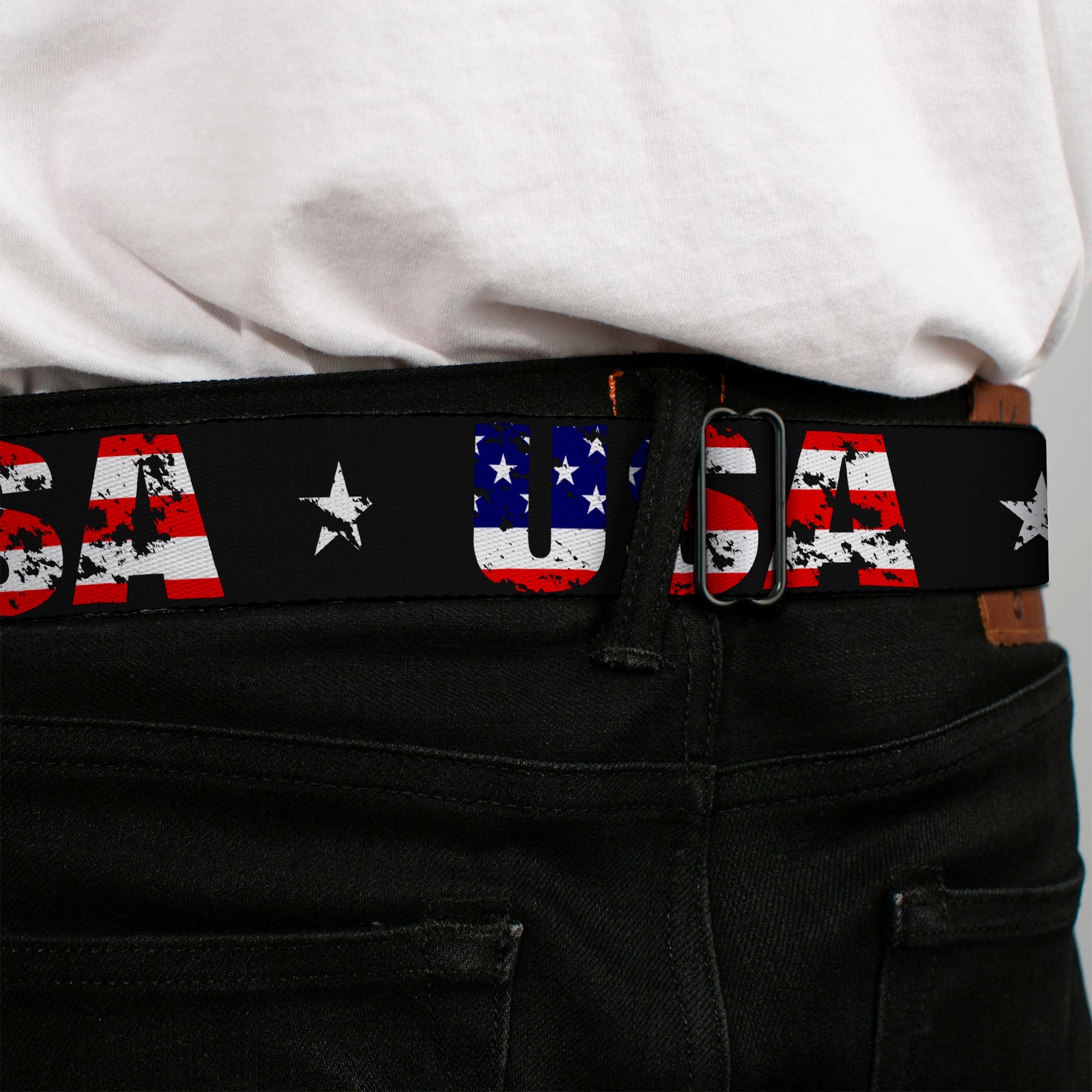 BD Wings Logo CLOSE-UP Full Color Black Silver Seatbelt Belt - USA w/Star Black/US Flags Webbing Seatbelt Belts Buckle-Down