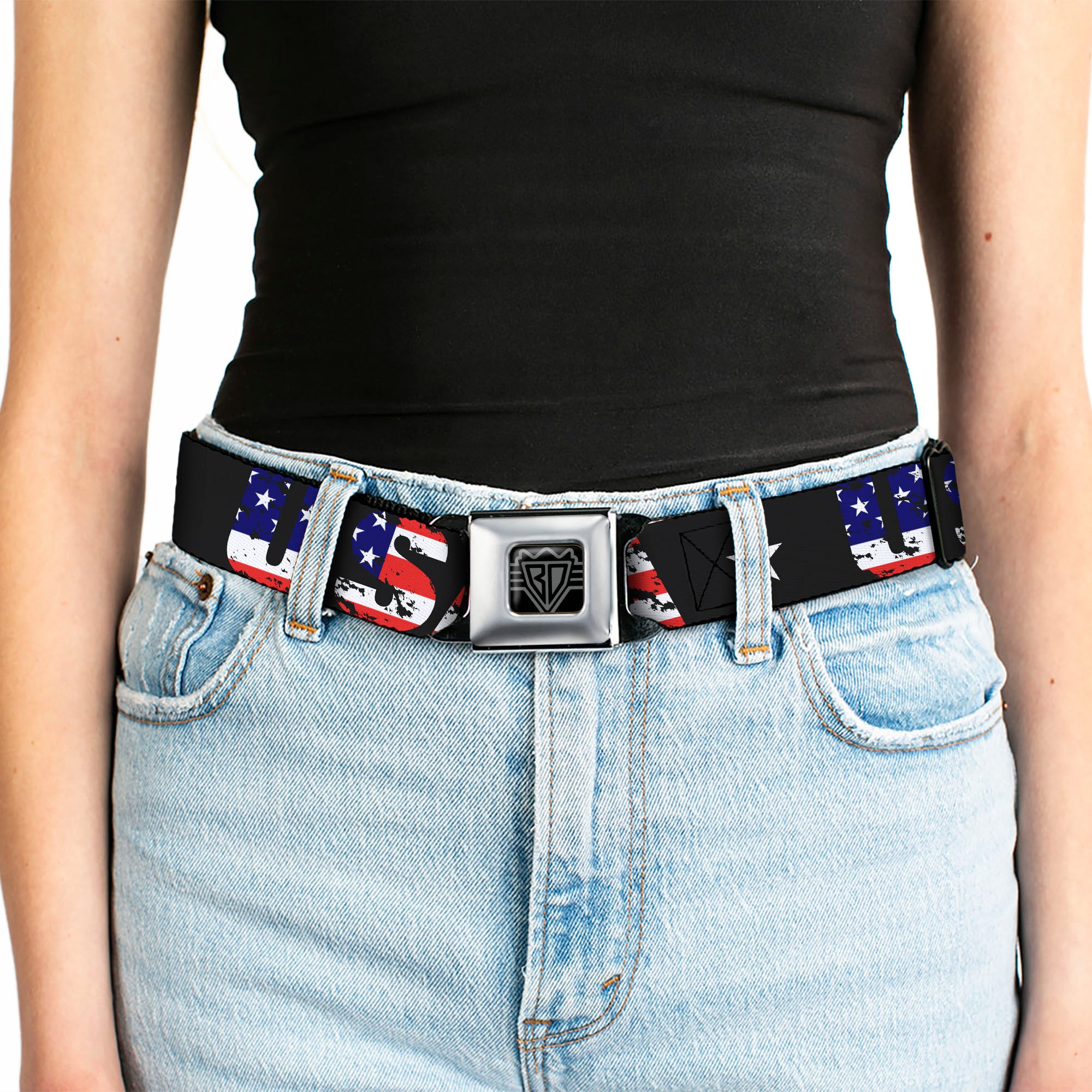 BD Wings Logo CLOSE-UP Full Color Black Silver Seatbelt Belt - USA w/Star Black/US Flags Webbing Seatbelt Belts Buckle-Down