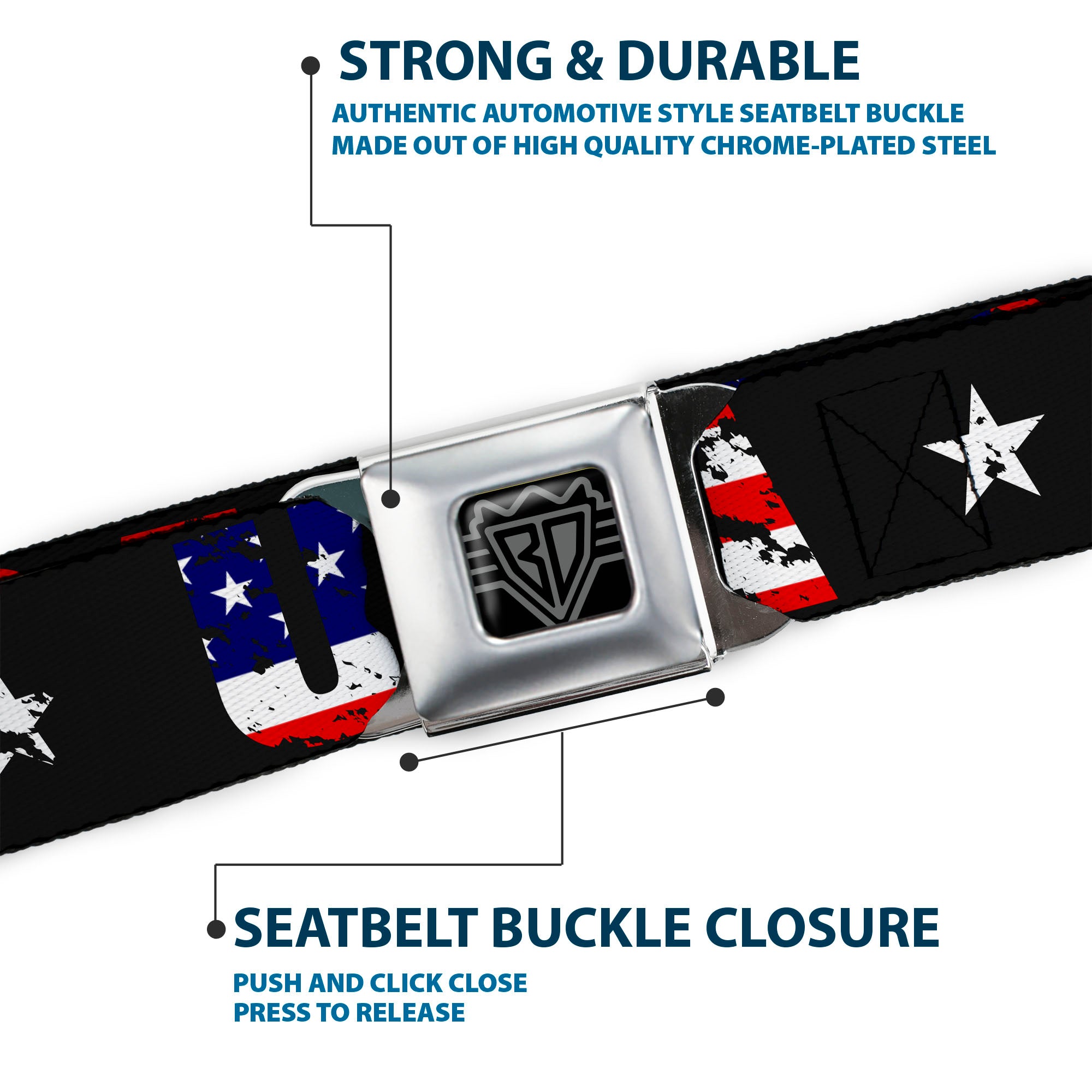BD Wings Logo CLOSE-UP Full Color Black Silver Seatbelt Belt - USA w/Star Black/US Flags Webbing Seatbelt Belts Buckle-Down