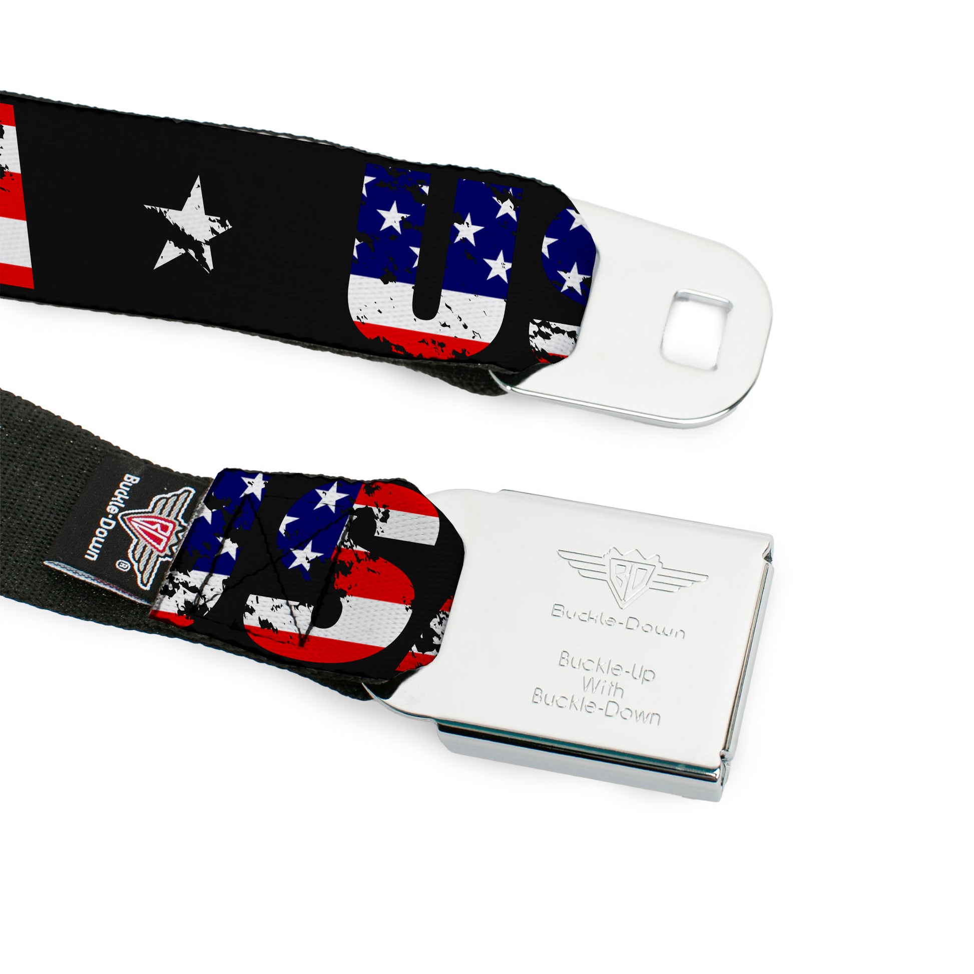 BD Wings Logo CLOSE-UP Full Color Black Silver Seatbelt Belt - USA w/Star Black/US Flags Webbing Seatbelt Belts Buckle-Down