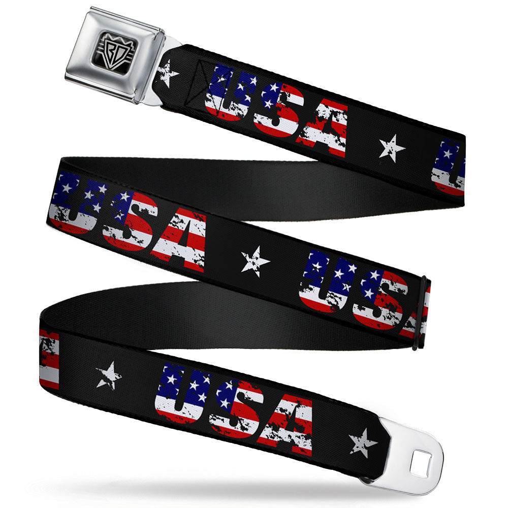 BD Wings Logo CLOSE-UP Full Color Black Silver Seatbelt Belt - USA w/Star Black/US Flags Webbing Seatbelt Belts Buckle-Down