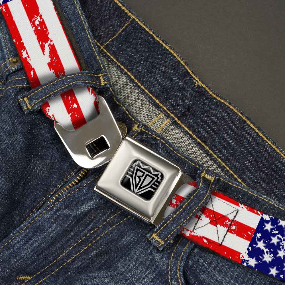 BD Wings Logo CLOSE-UP Full Color Black Silver Seatbelt Belt - United States Flags CLOSE-UP Weathered Webbing Seatbelt Belts Buckle-Down