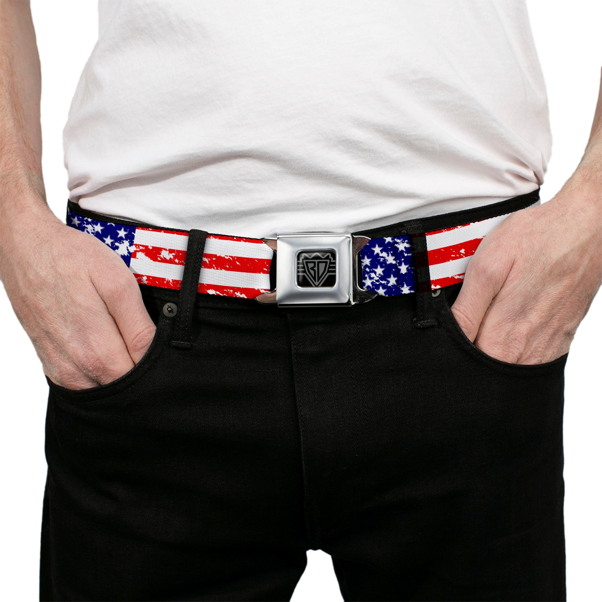 BD Wings Logo CLOSE-UP Full Color Black Silver Seatbelt Belt - United States Flags CLOSE-UP Weathered Webbing Seatbelt Belts Buckle-Down