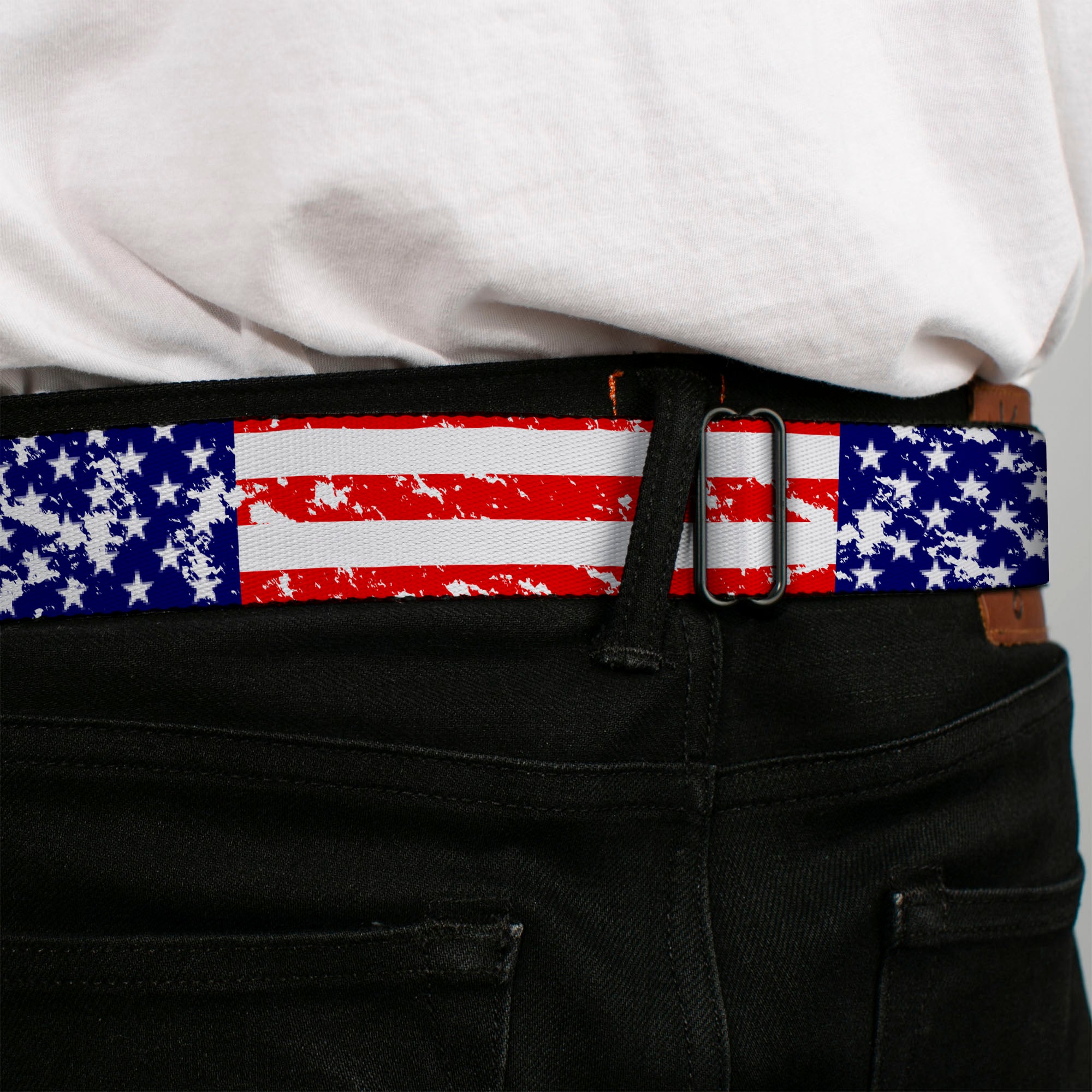 BD Wings Logo CLOSE-UP Full Color Black Silver Seatbelt Belt - United States Flags CLOSE-UP Weathered Webbing Seatbelt Belts Buckle-Down