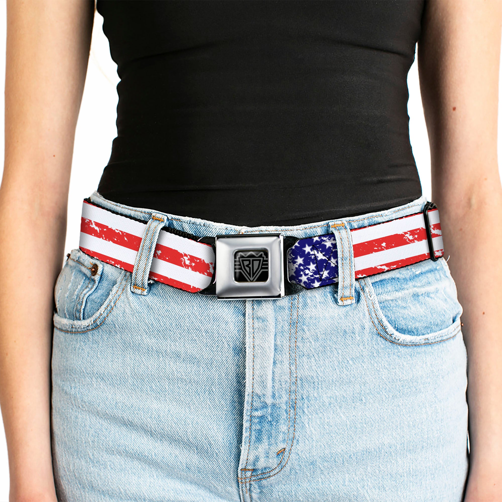 BD Wings Logo CLOSE-UP Full Color Black Silver Seatbelt Belt - United States Flags CLOSE-UP Weathered Webbing Seatbelt Belts Buckle-Down