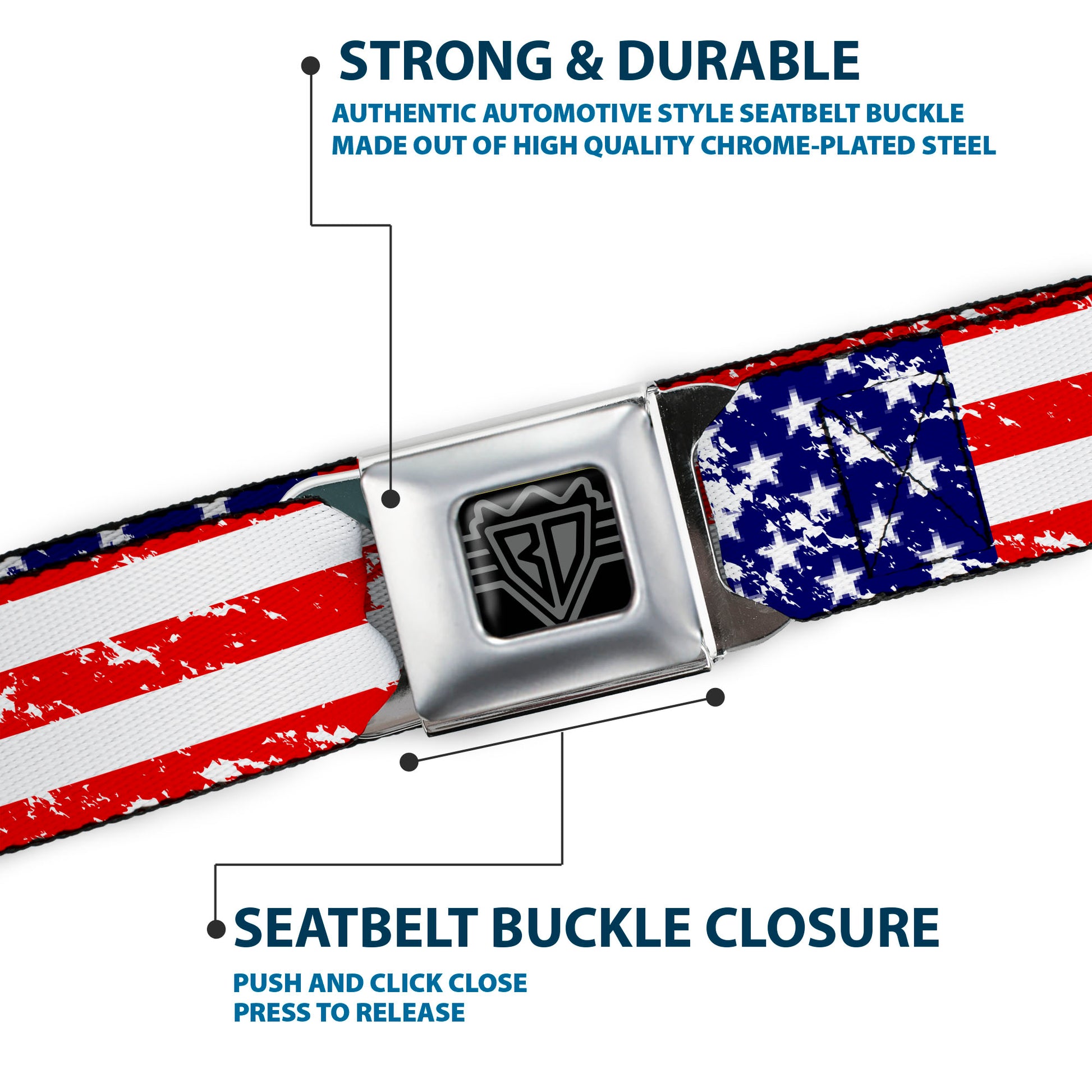 BD Wings Logo CLOSE-UP Full Color Black Silver Seatbelt Belt - United States Flags CLOSE-UP Weathered Webbing Seatbelt Belts Buckle-Down