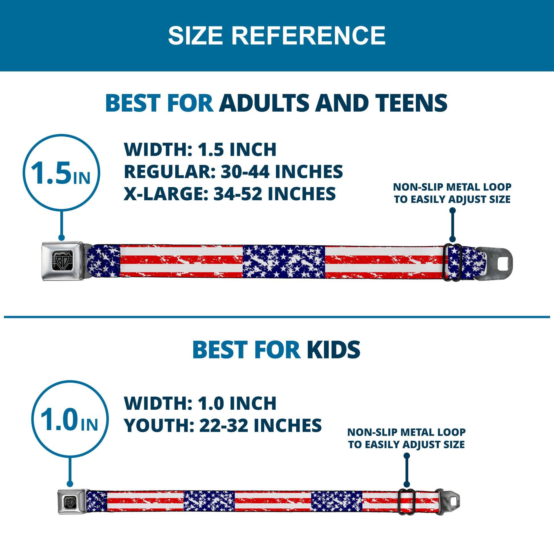 BD Wings Logo CLOSE-UP Full Color Black Silver Seatbelt Belt - United States Flags CLOSE-UP Weathered Webbing Seatbelt Belts Buckle-Down