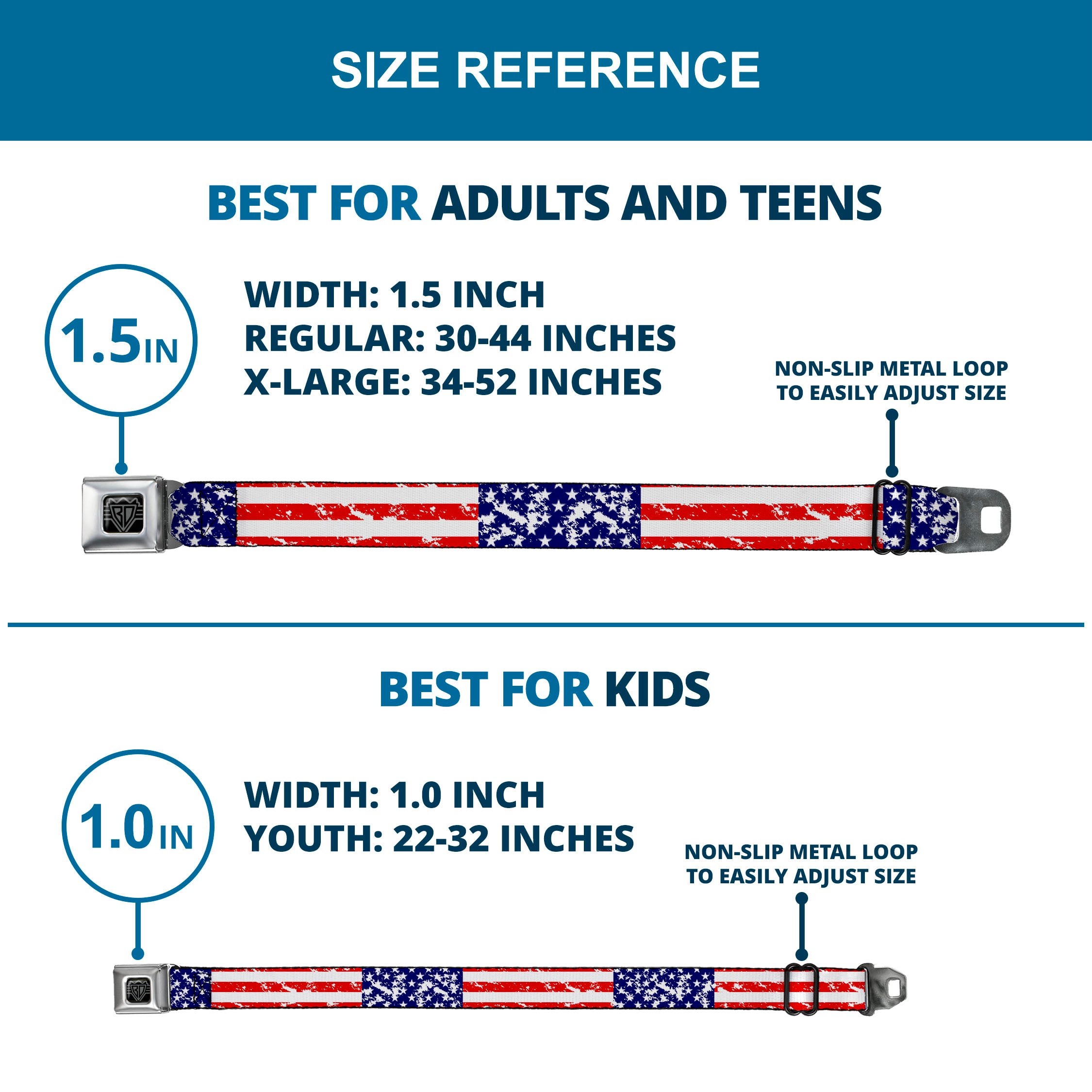 BD Wings Logo CLOSE-UP Full Color Black Silver Seatbelt Belt - United States Flags CLOSE-UP Weathered Webbing Seatbelt Belts Buckle-Down