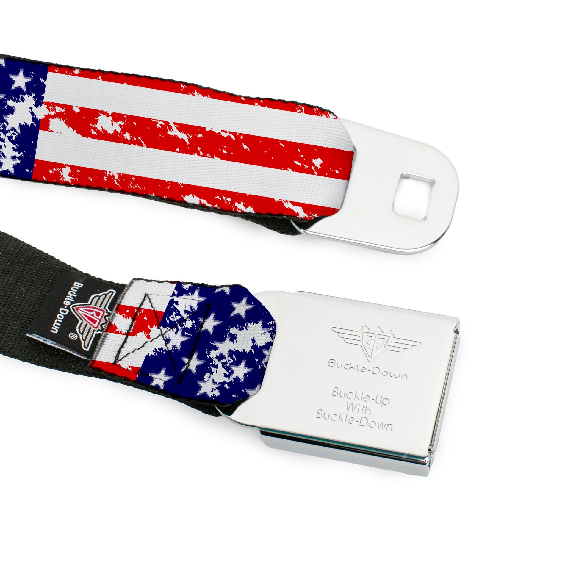 BD Wings Logo CLOSE-UP Full Color Black Silver Seatbelt Belt - United States Flags CLOSE-UP Weathered Webbing Seatbelt Belts Buckle-Down