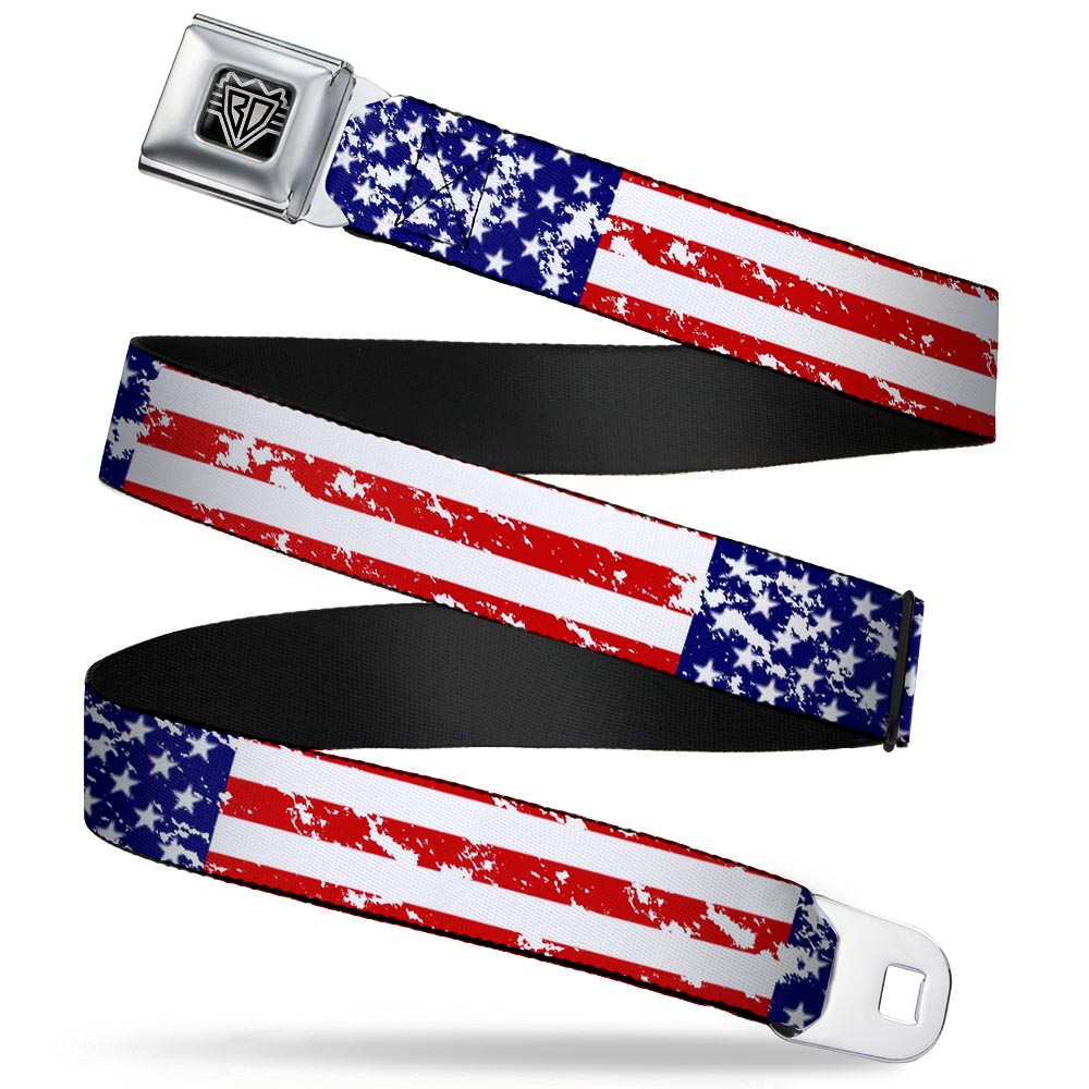 BD Wings Logo CLOSE-UP Full Color Black Silver Seatbelt Belt - United States Flags CLOSE-UP Weathered Webbing Seatbelt Belts Buckle-Down